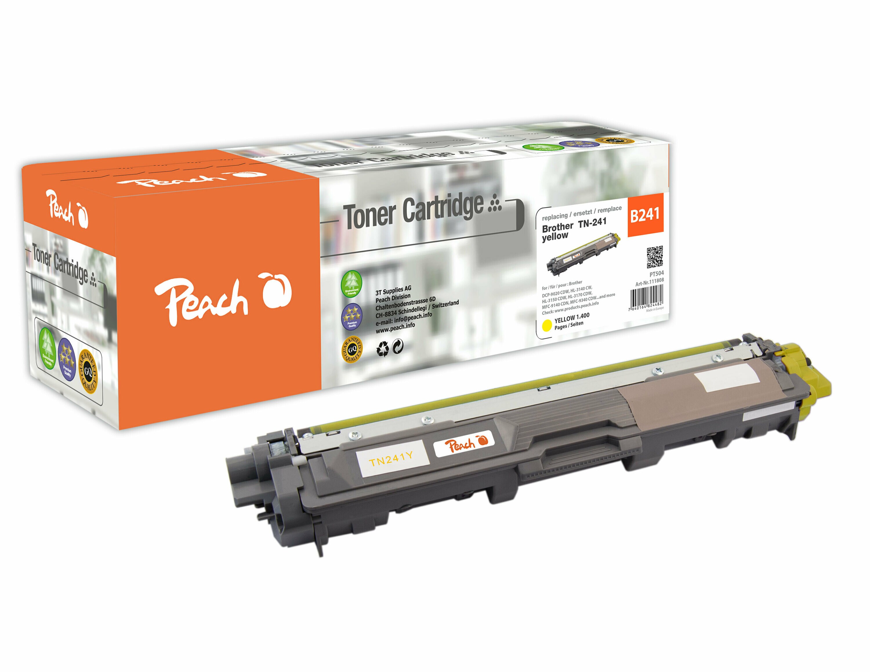 Peach B241 Y Toner ye ersetzt Brother TN-241Y f&uuml;r z.B. Brother DCP -9020 CDW, Brother HL -3140 CW, Brother HL -3150 CDN, Brother HL -3150 CDW (wiederaufbereitet) - Bild 1