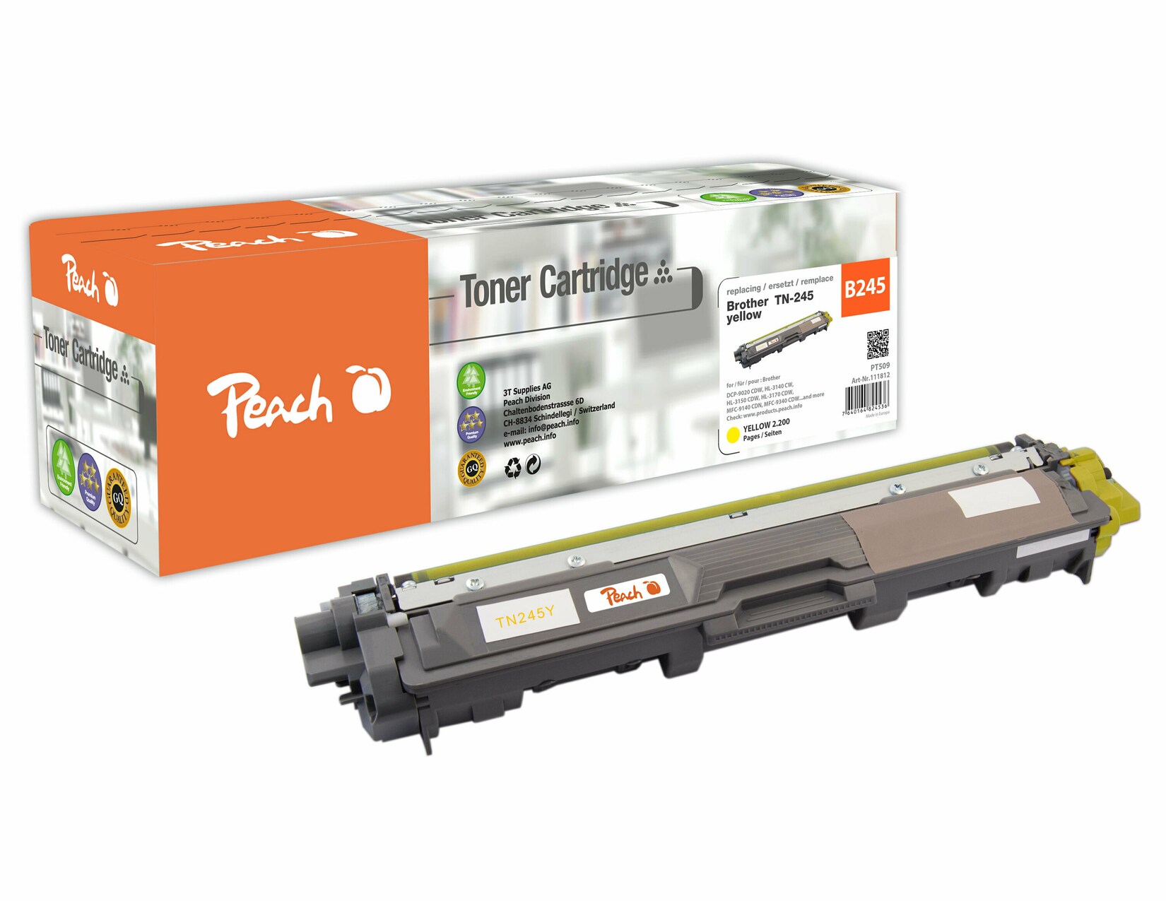 Peach B245 Y Toner XL ye ersetzt Brother TN-245Y für z.B. Brother DCP -9020 CDW, Brother HL -3140 CW, Brother HL -3150 CDN, Brother HL -3150 CDW (wiederaufbereitet)
