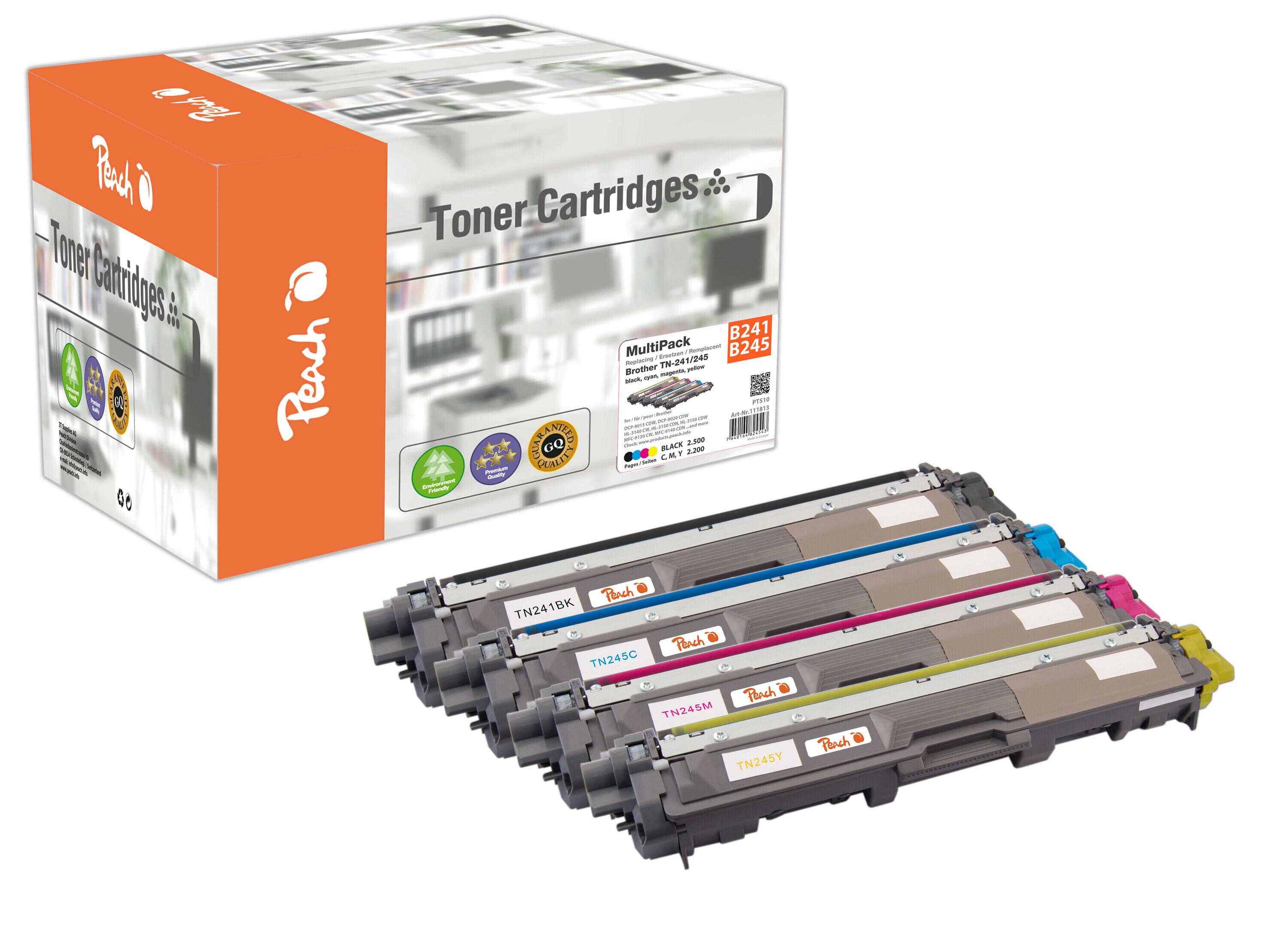 Peach B241 BK 4 Toner XL (bk, c/m/y) ersetzt Brother TN-241BK, TN-245 f&uuml;r z.B. Brother DCP -9020 CDW, Brother HL -3140 CW, Brother HL -3150 CDN (wiederaufbereitet) - Bild 1