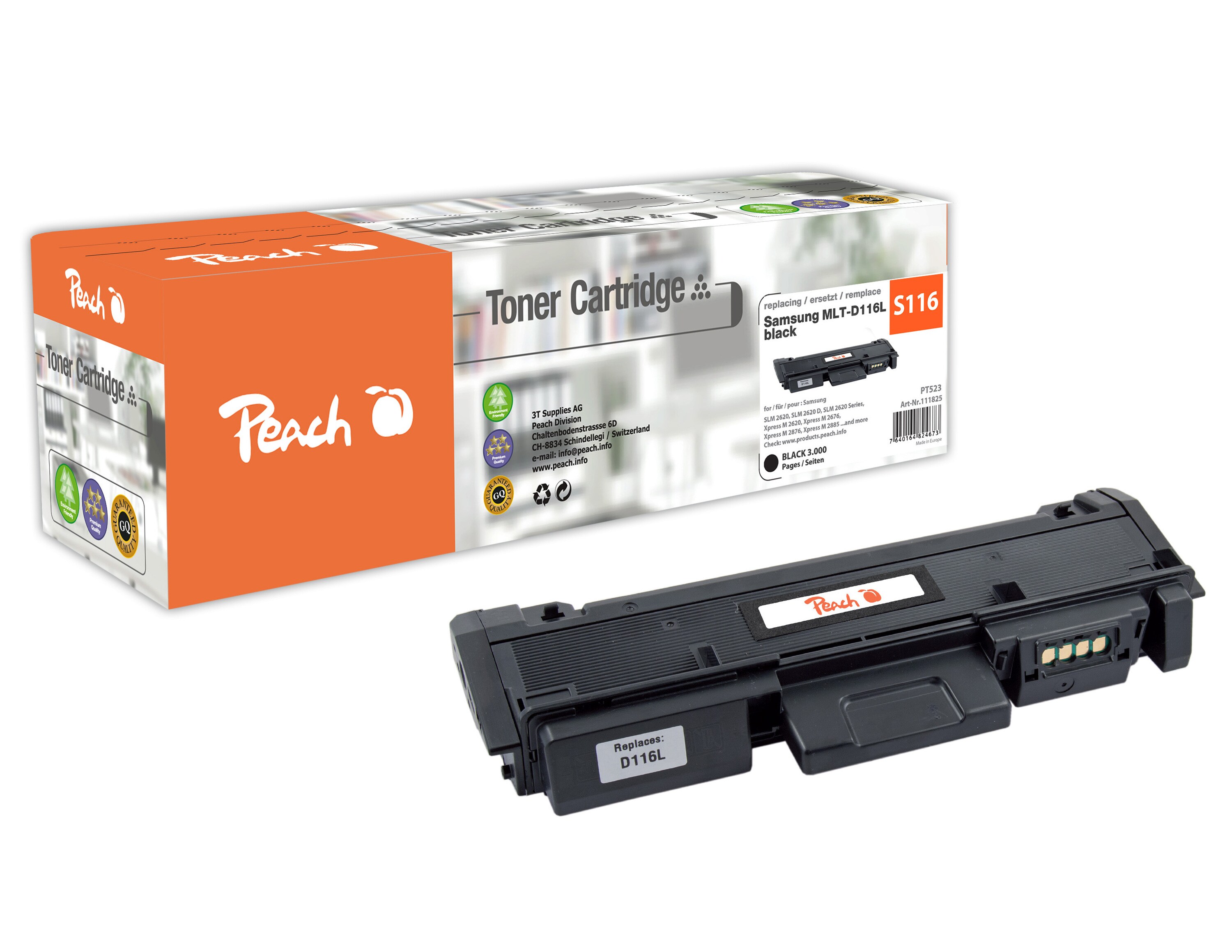 Peach S116  Toner XL bk ersetzt Samsung MLT-D116L/ELS, SU828A f&uuml;r z.B. Samsung SLM 2620, Samsung SLM 2620 D, Samsung SLM 2620 ND (wiederaufbereitet) - Bild 1