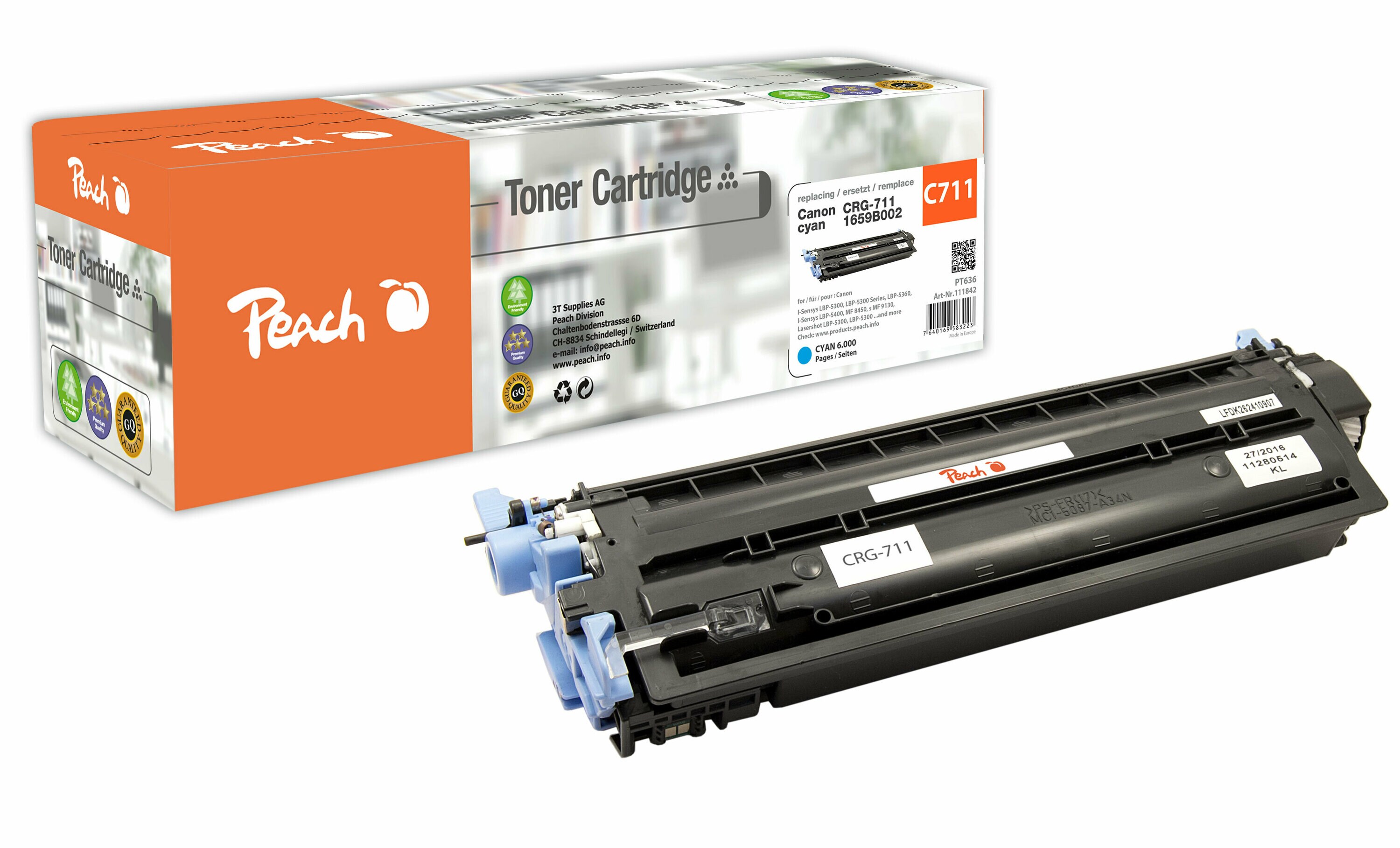 Peach C711 C Toner cy ersetzt Canon CRG-711C, 1659B002 f&uuml;r z.B. Canon ISensys LBP -5300, Canon ISensys LBP -5360, Canon ISensys MF 9100 (wiederaufbereitet) - Bild 1