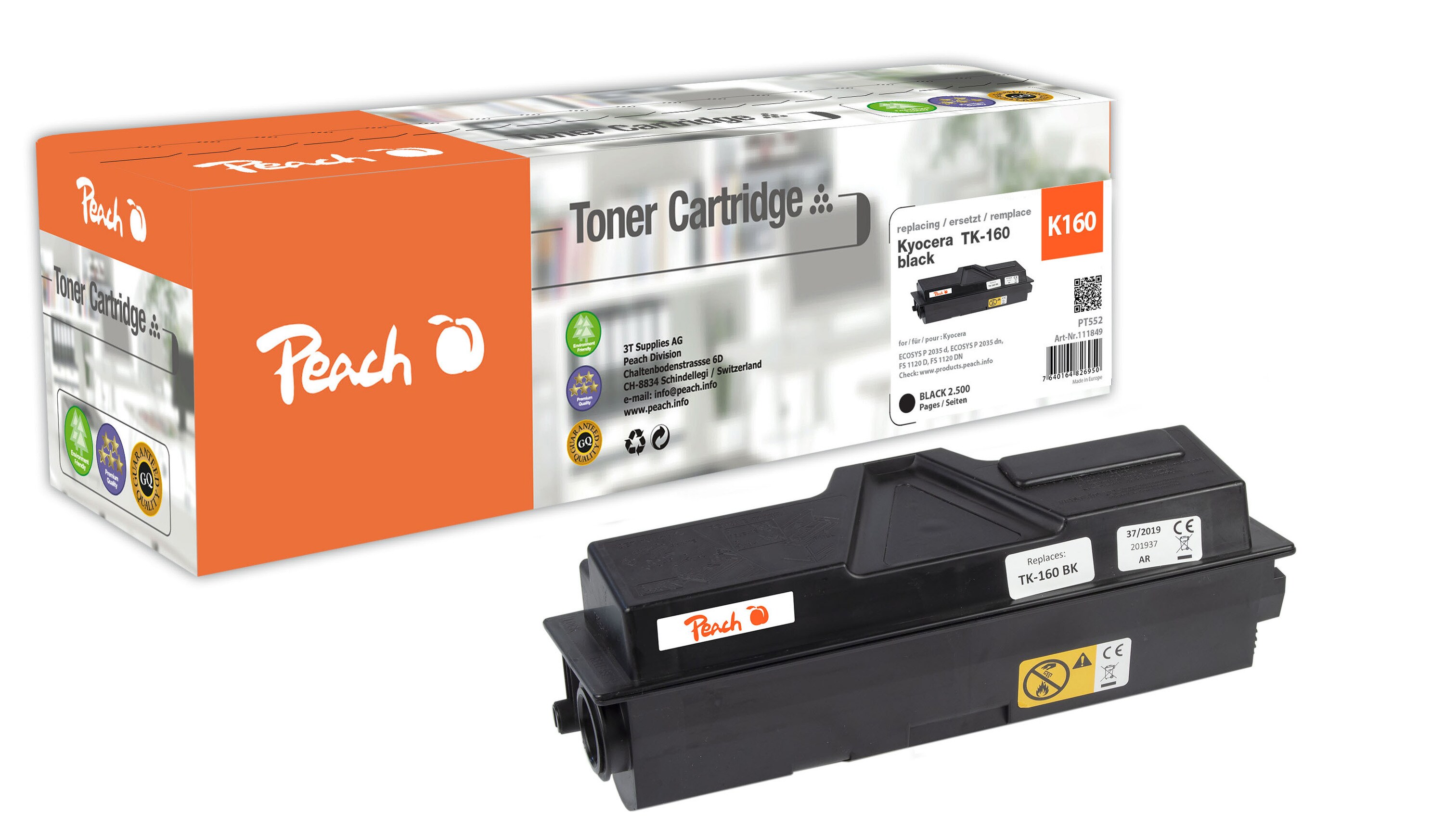 Peach K160  Toner bk ersetzt Kyocera TK-160 f&uuml;r z.B. Kyocera ECOSYS P 2035 d, Kyocera ECOSYS P 2035 dn, Kyocera FS -1120 D, Kyocera FS -1120 DN (wiederaufbereitet) - Bild 1