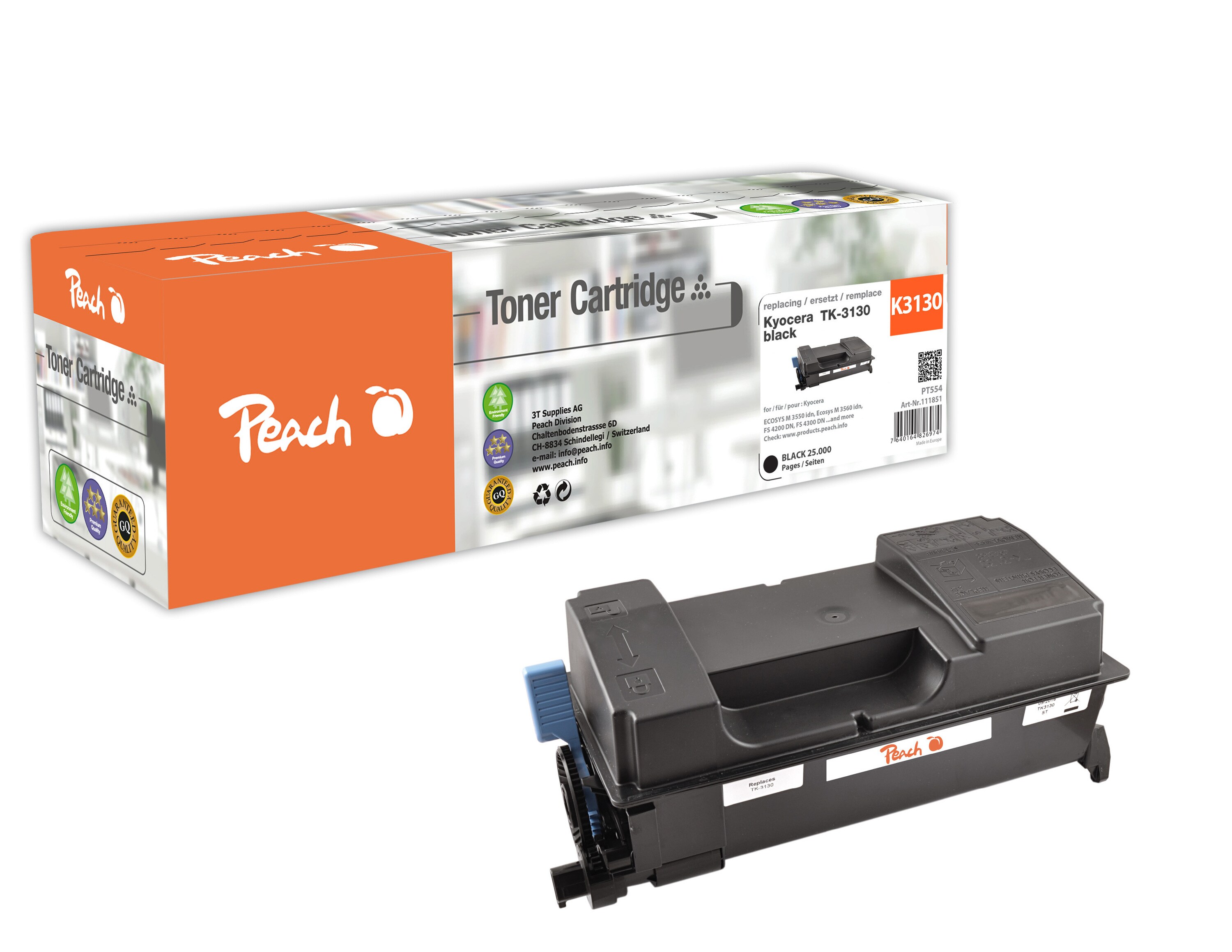 Peach K3130  Toner XL bk ersetzt Kyocera TK-3130 f&uuml;r z.B. Kyocera ECOSYS M 3550 idn, Kyocera ECOSYS M 3560 idn, Kyocera FS -4200 DN (wiederaufbereitet) - Bild 1