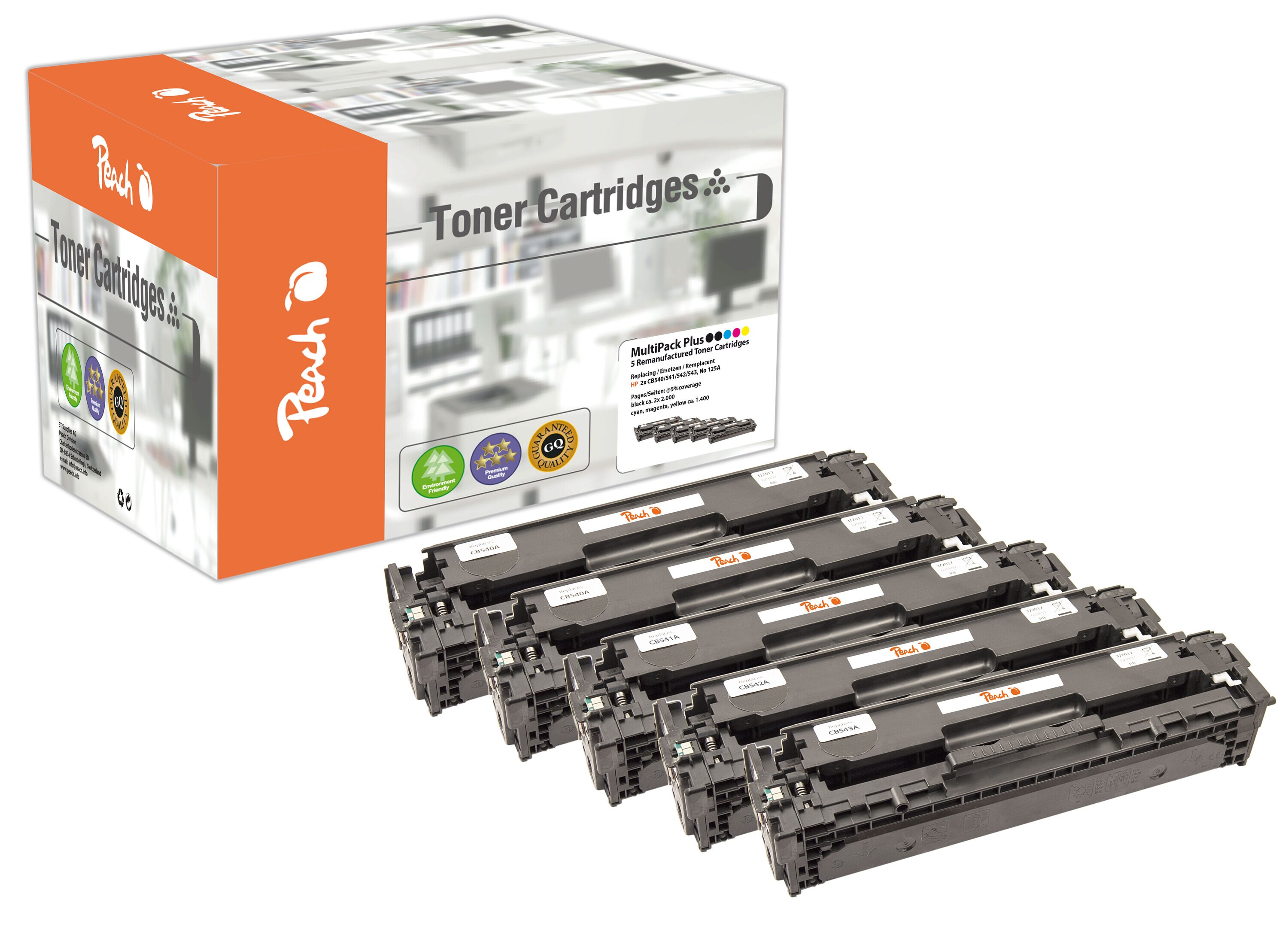 Peach HP 125 A 5 Toner (2*bk, c/m/y) ersetzt HP No. 125A, CB540A*2, CB541A, CB542A, CB543A f&uuml;r z.B. HP Color LaserJet CM 1312 MFP (wiederaufbereitet) - Bild 1