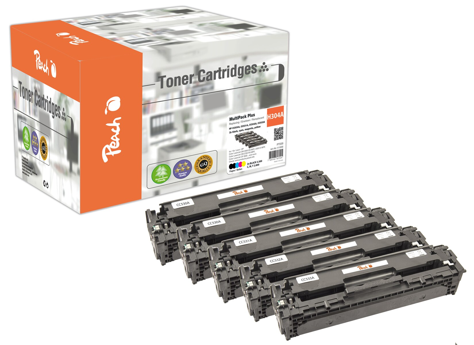 Peach HP 304 A 5 Toner (2*bk, c/m/y) ersetzt HP No. 304A, CC530A*2, CC531A, CC532A, CC533A für z.B. HP Color LaserJet CM 2300 (wiederaufbereitet)
