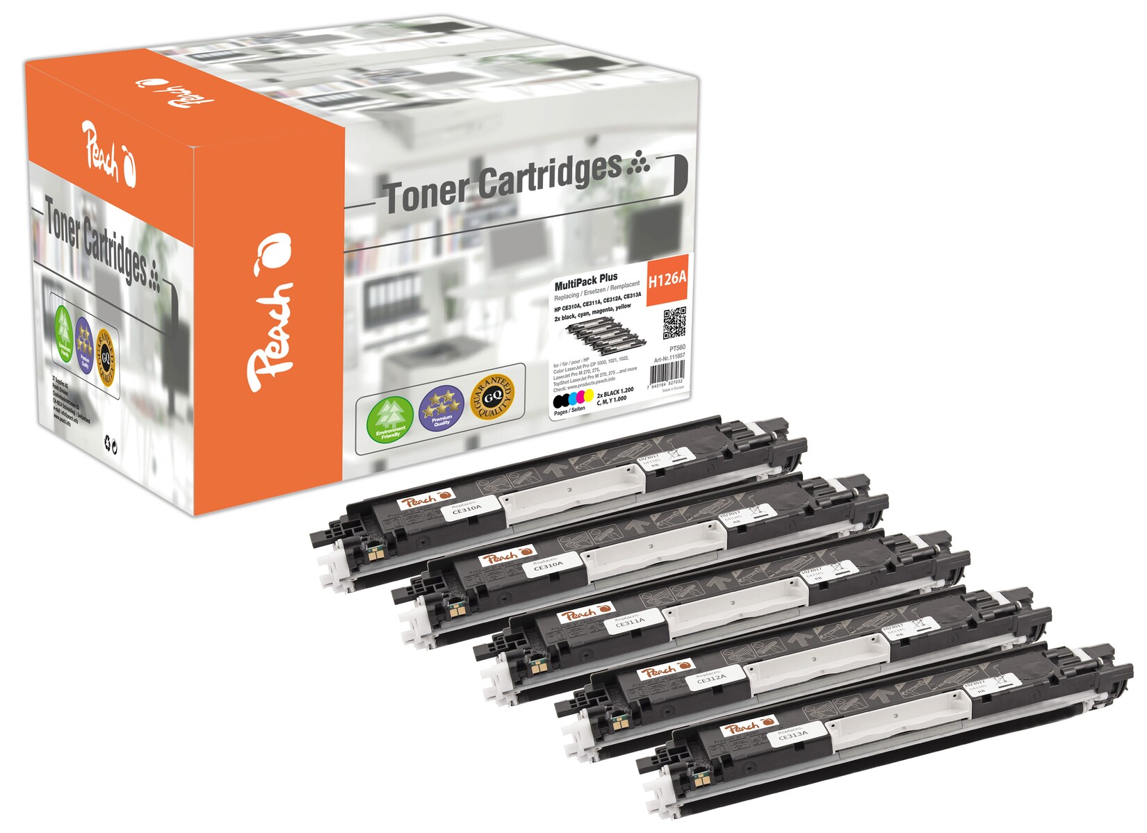 Peach HP 126 A 5 Toner (2*bk, c/m/y) ersetzt HP No. 126A, CE310A*2, CE311A, CE312A, CE313A für z.B. HP Color LaserJet Pro CP 1000 (wiederaufbereitet)