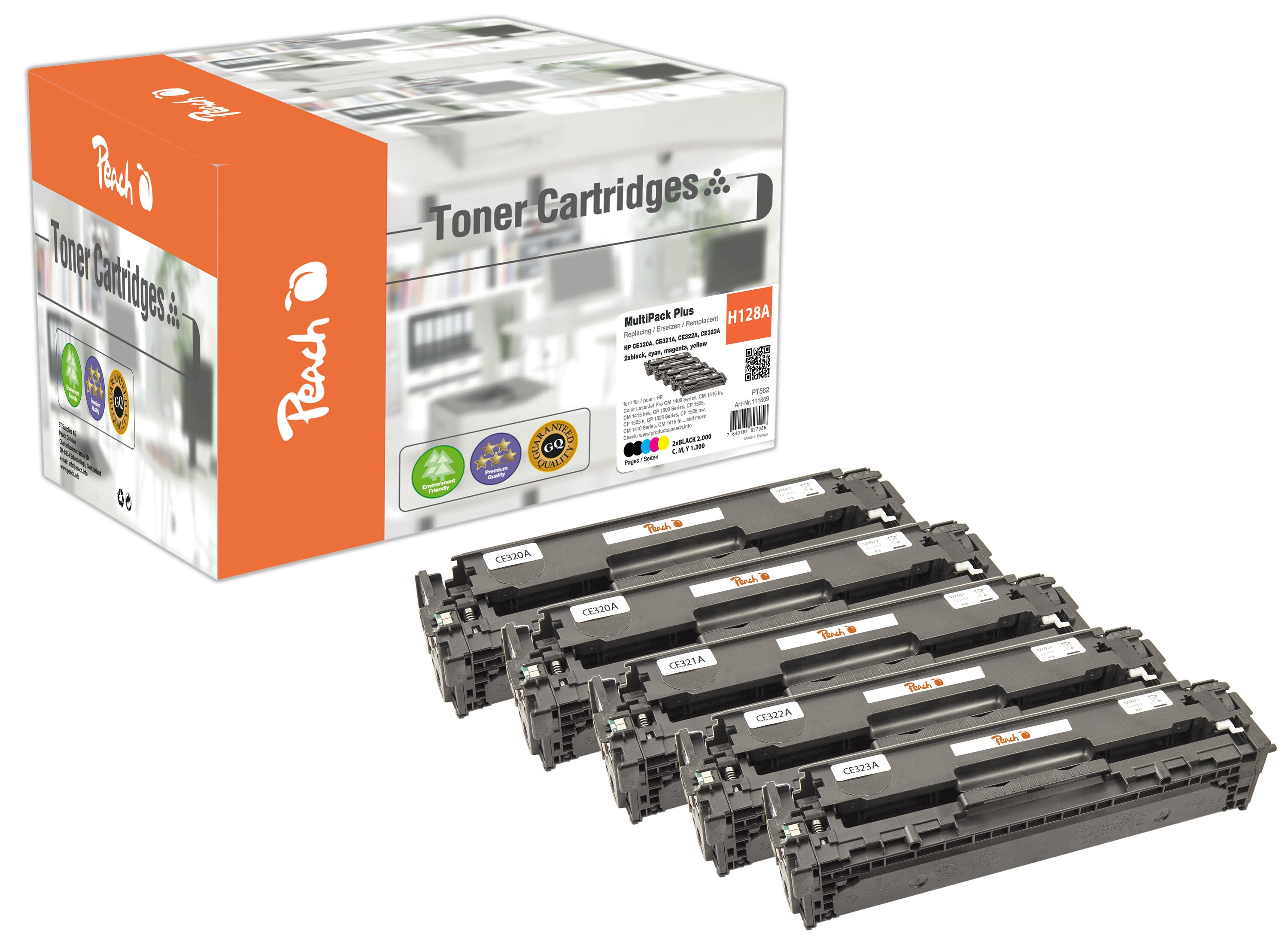 Peach HP 128 A 5 Toner (2*bk, c/m/y) ersetzt HP No. 128A, CE320A*2, CE321A, CE322A, CE323A f&uuml;r z.B. HP LaserJet CP 1500, HP LaserJet CP 1525 (wiederaufbereitet) - Bild 1