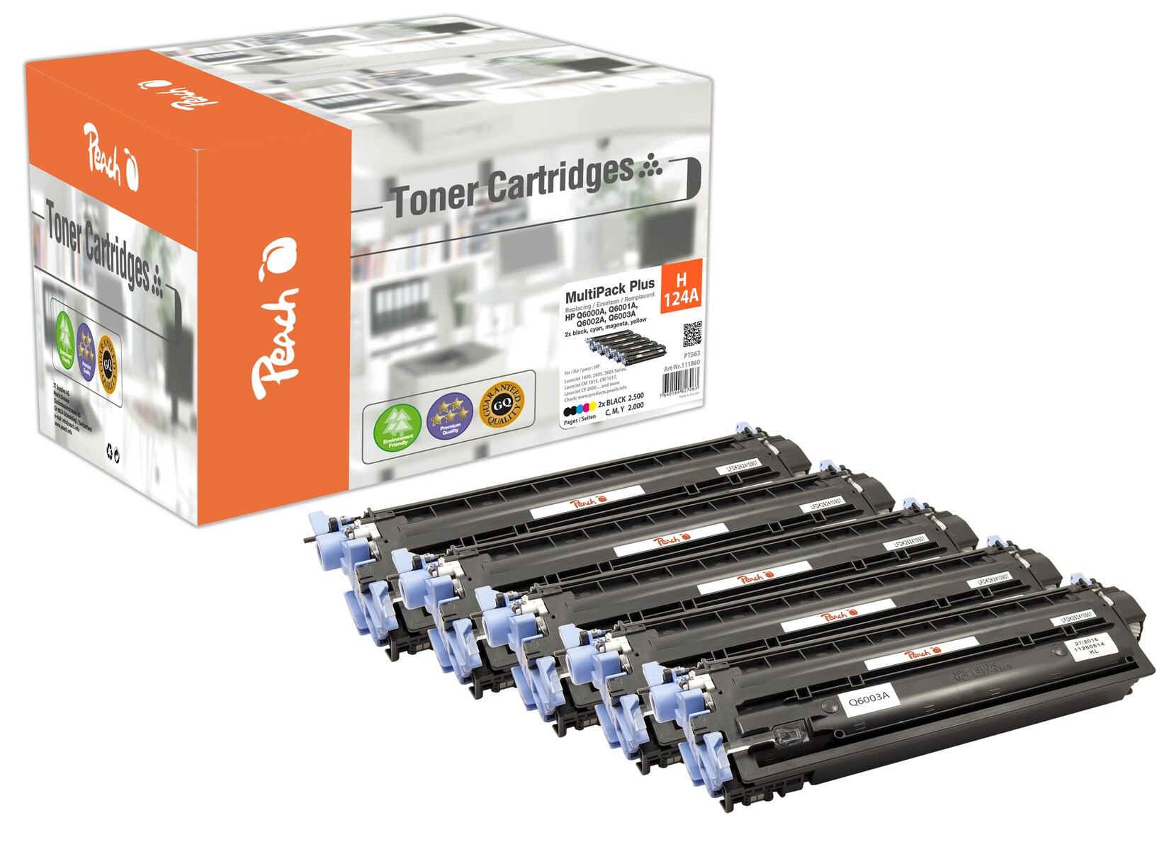 Peach HP 124 A 5 Toner (2*bk, c/m/y) ersetzt HP No. 124A, Q6000A*2, Q6001A, Q6002A, Q6003A für z.B. HP Color LaserJet 1600, HP Color LaserJet 2600 (wiederaufbereitet)