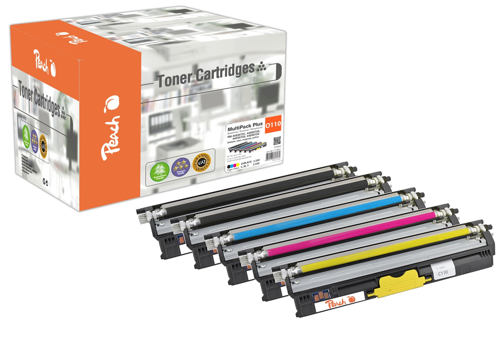 Peach O4425 5 Toner (2*bk, c/m/y) ersetzt OKI 44250721-0724 für z.B. OKI C 110, OKI C 130 N, OKI MC 160 N (wiederaufbereitet)