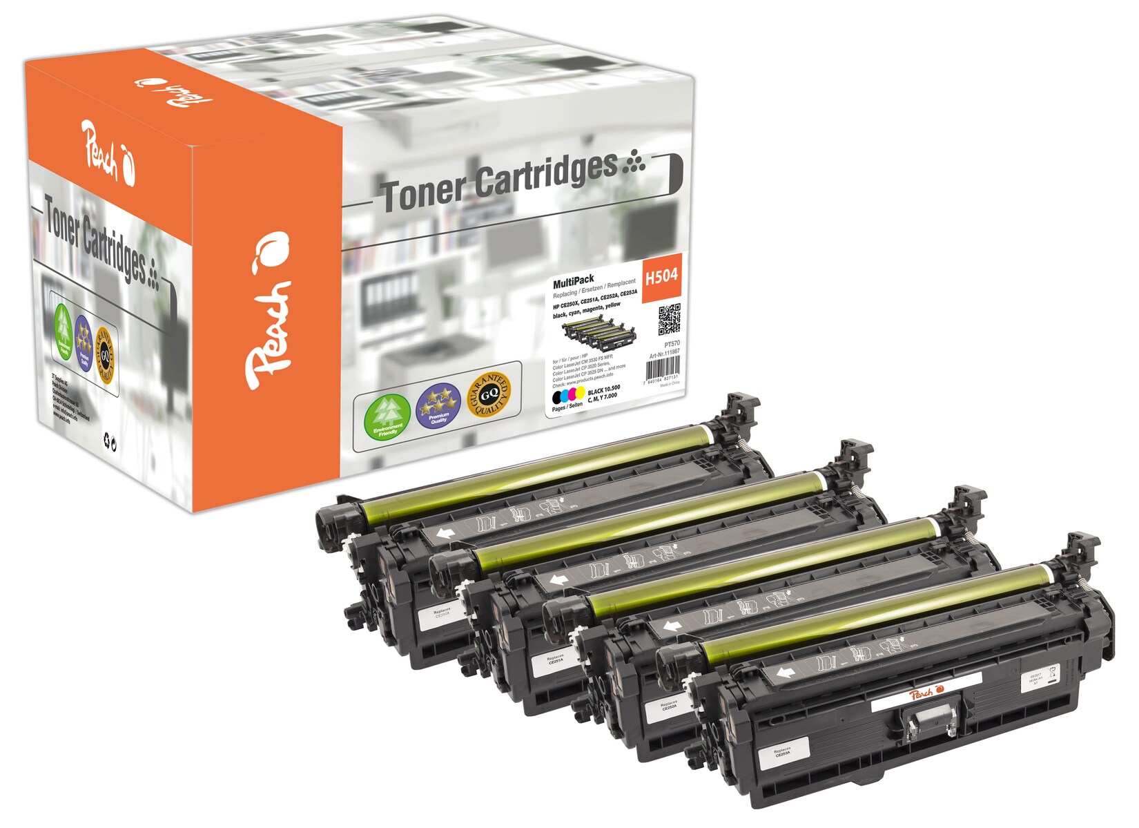 Peach HP 504 X 4 Toner (bk, c/m/y) ersetzt HP No. 504X, CE250X, CE251A, CE252, CE253 für z.B. HP Color LaserJet CM 3500, HP Color LaserJet CP 3520 (wiederaufbereitet)