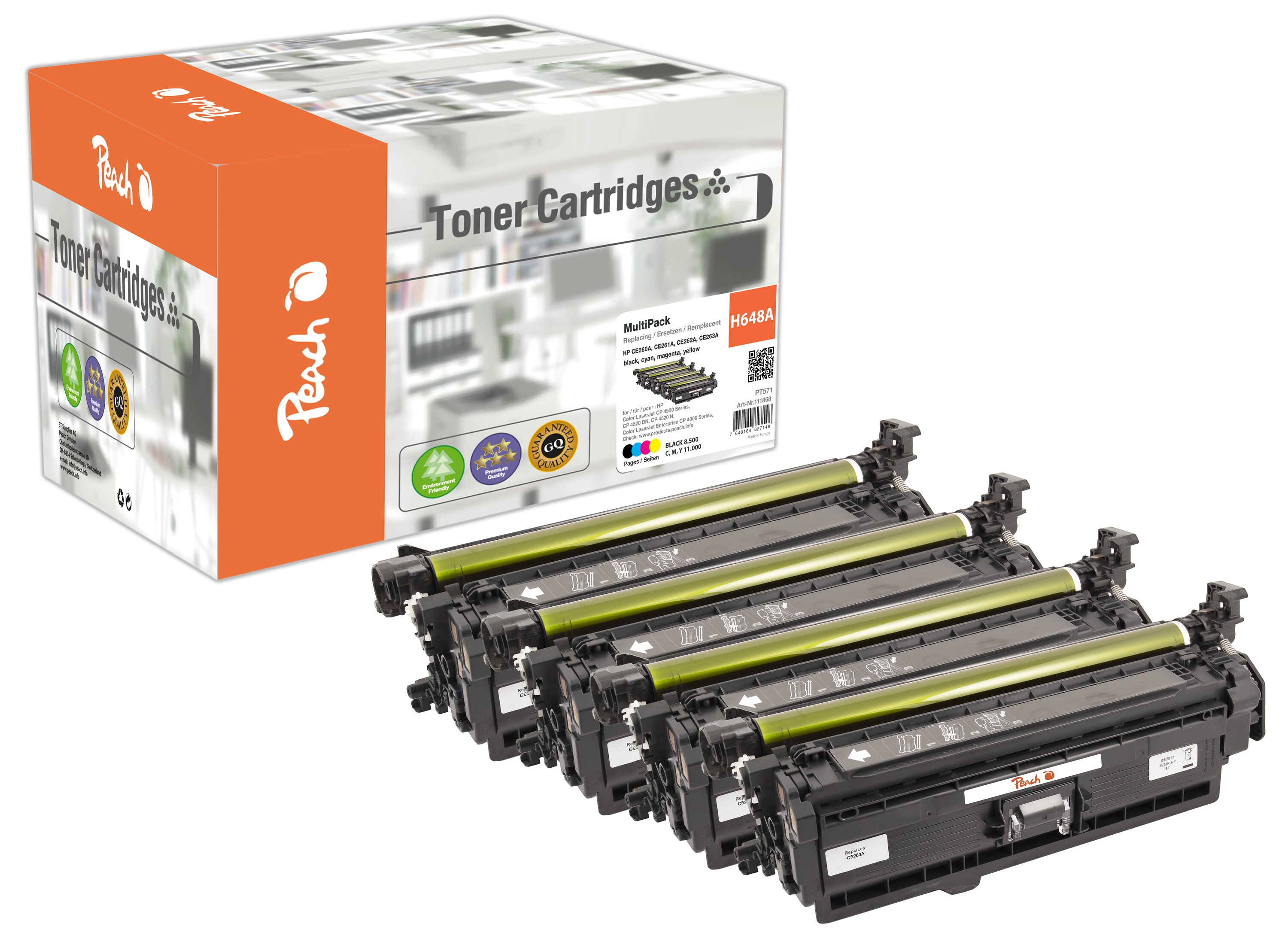 Peach HP 647 A 4 Toner (bk, c/m/y) ersetzt HP No. 647A, No. 648A, CE260A, CE261A, CE262A, CE263A f&uuml;r z.B. HP Color LaserJet CP 4500 (wiederaufbereitet) - Bild 1