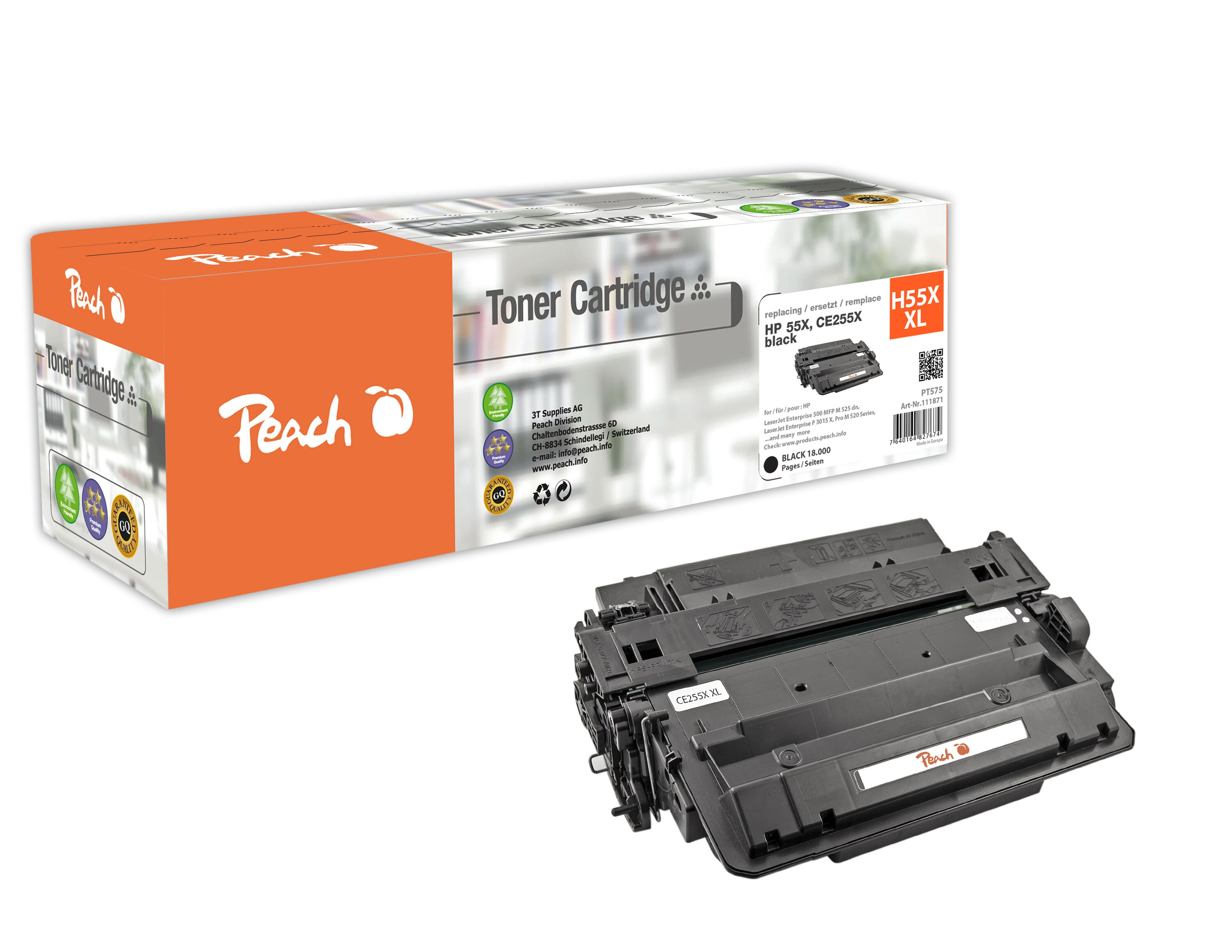 Peach HP 55 XBK Toner XL bk ersetzt HP No. 55XBK, CE255X f&uuml;r z.B. HP LaserJet Enterprise P 3015, HP LaserJet Enterprise 500 MFP M 525 dn (wiederaufbereitet) - Bild 1