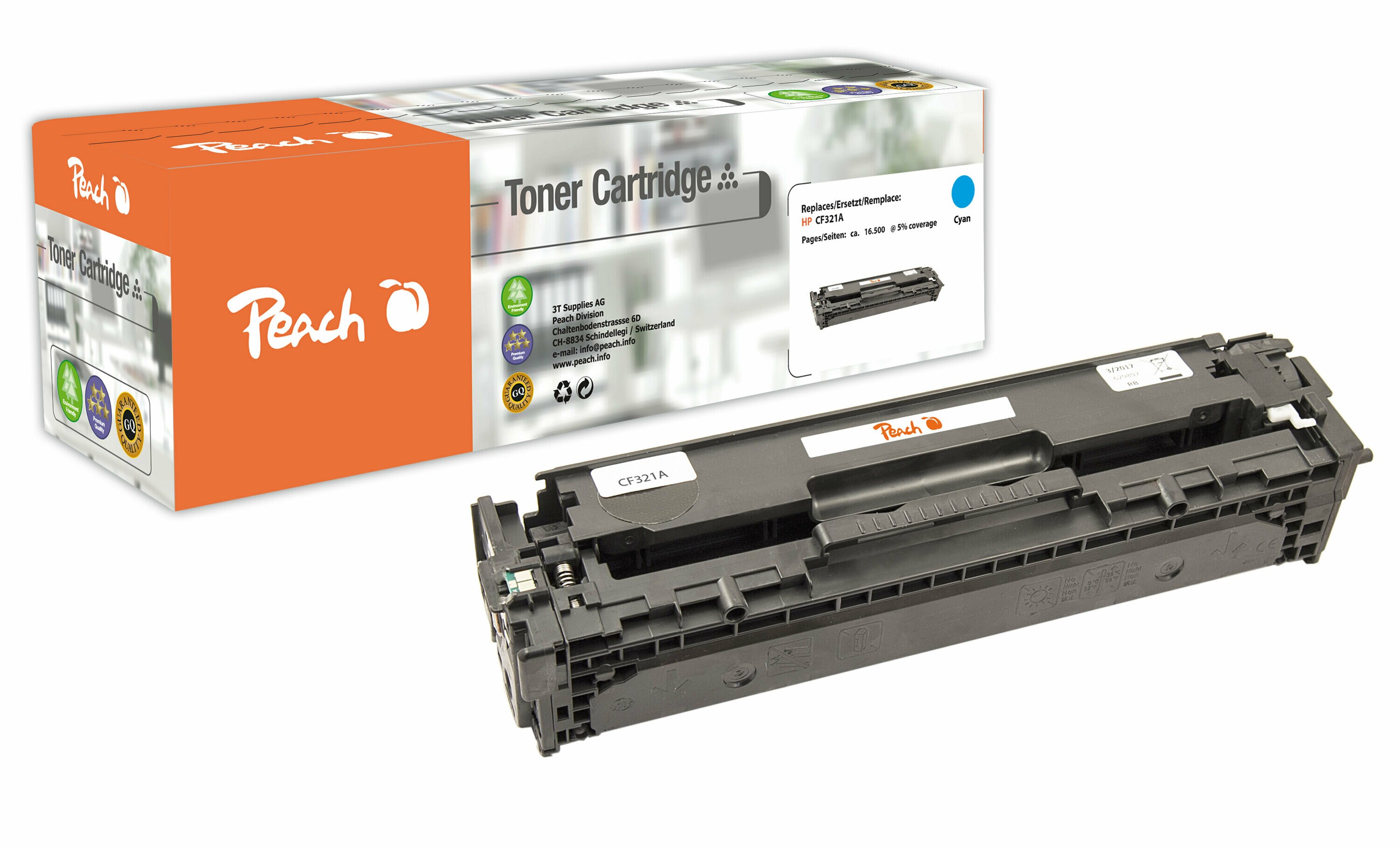 Peach HP 653 AC Toner cy ersetzt HP No. 653A C, CF321A f&uuml;r z.B. HP Color LaserJet Enterprise Flow MFP M 680 z (wiederaufbereitet) - Bild 1