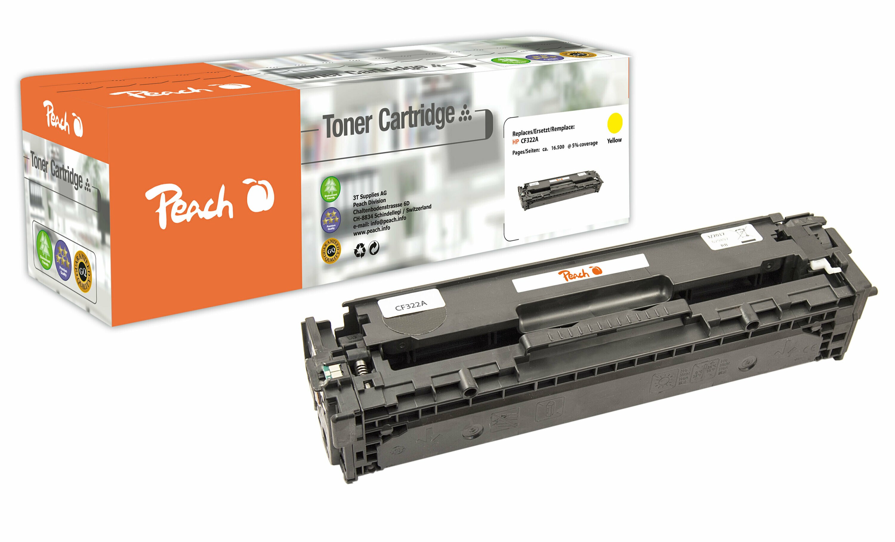 Peach HP 653 AY Toner ye ersetzt HP No. 653A Y, CF322A f&uuml;r z.B. HP Color LaserJet Enterprise Flow MFP M 680 z (wiederaufbereitet) - Bild 1
