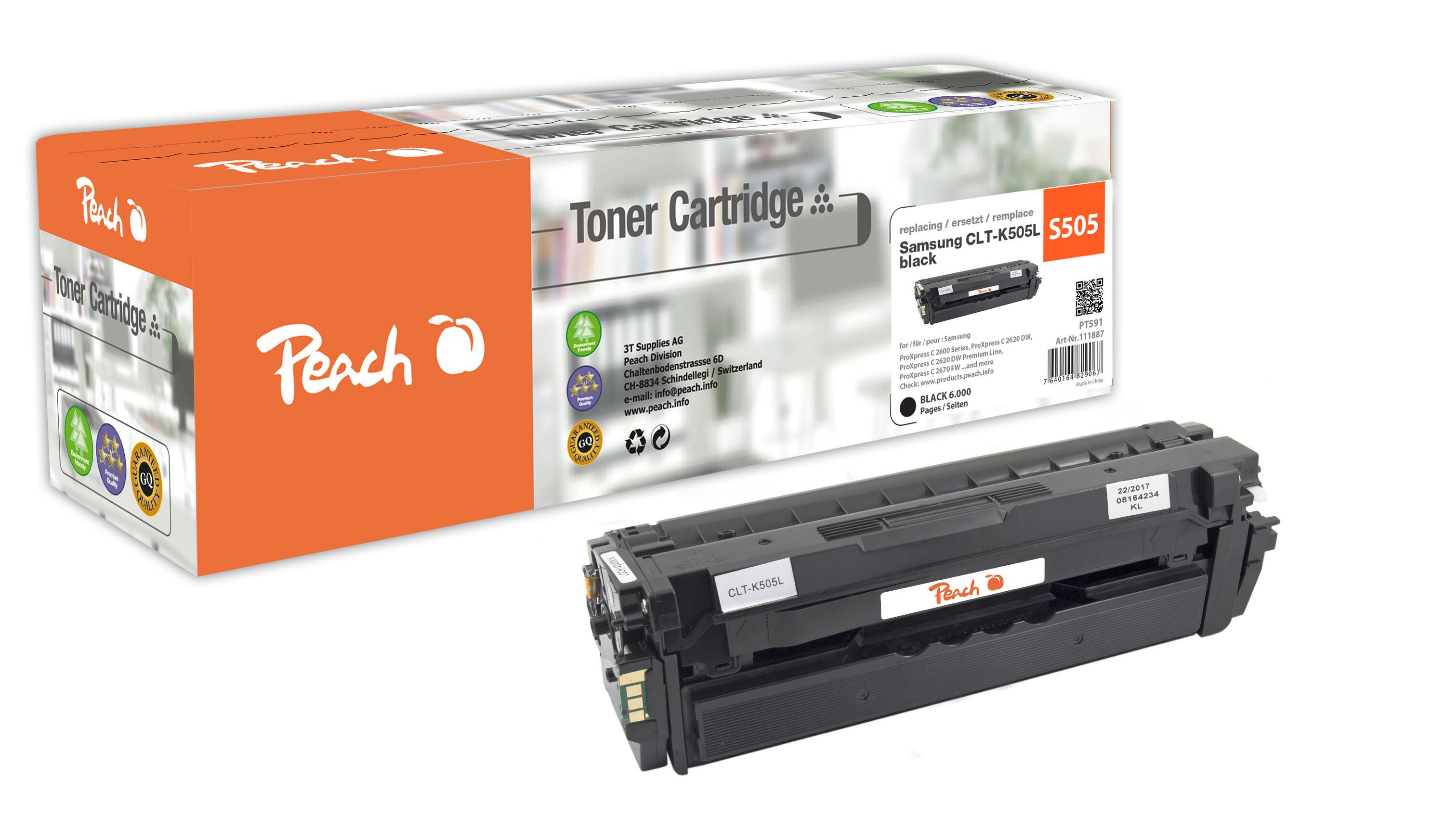 Peach S505  Toner bk ersetzt Samsung CLT-K505L, SU168A f&uuml;r z.B. Samsung ProXpress C 2600, Samsung ProXpress C 2620 DW (wiederaufbereitet) - Bild 1