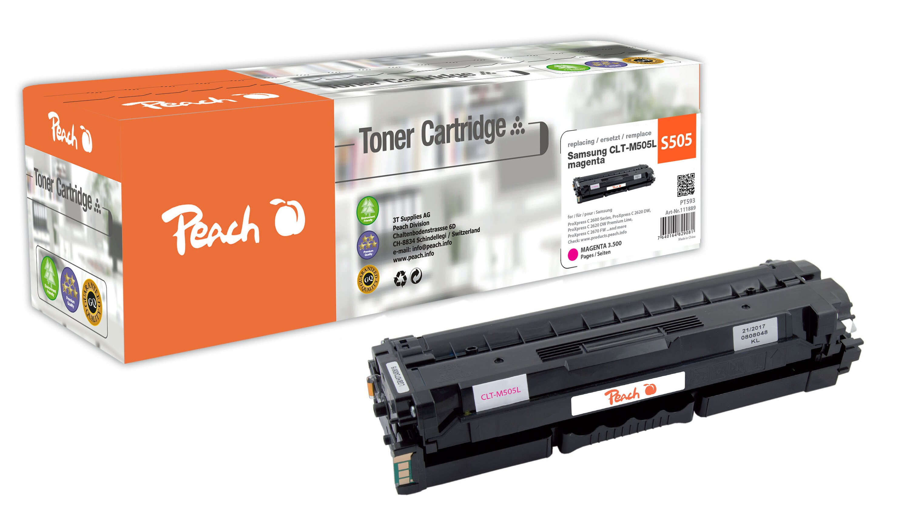 Peach S505  Toner ma ersetzt Samsung CLT-M505L, SU302A f&uuml;r z.B. Samsung ProXpress C 2600, Samsung ProXpress C 2620 DW (wiederaufbereitet) - Bild 1