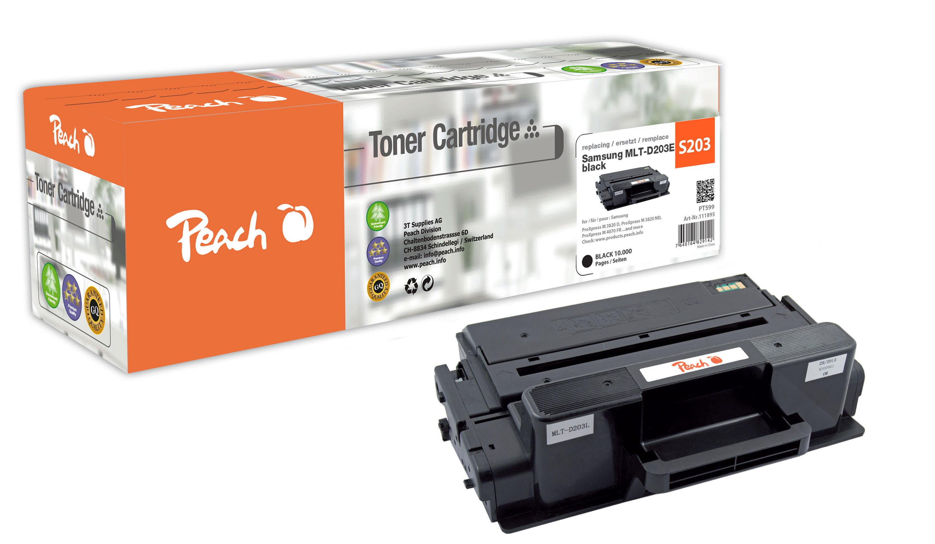 Peach S203  Toner XL bk ersetzt Samsung MLT-D203E, SU885A f&uuml;r z.B. Samsung ProXpress M 3820 D, Samsung ProXpress M 3820 DW, Samsung SLM 3820 D (wiederaufbereitet) - Bild 1