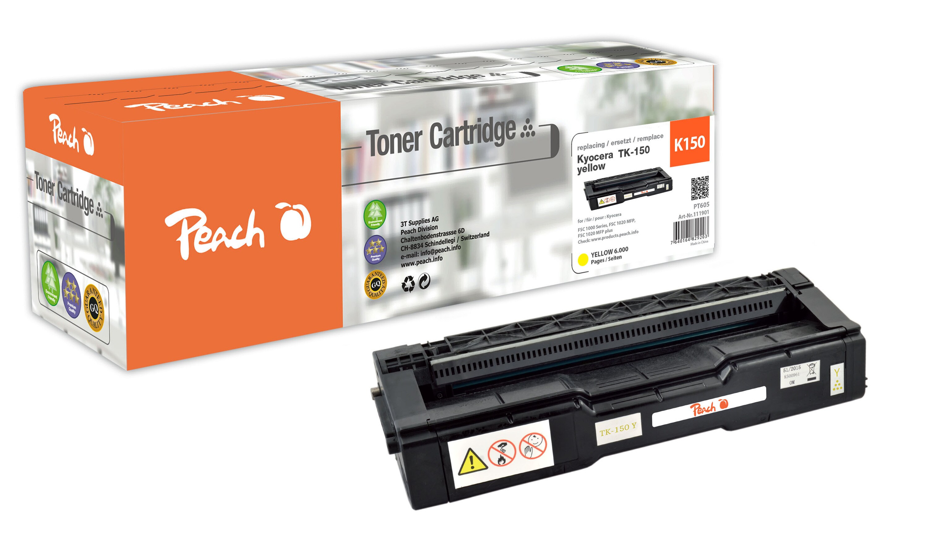 Peach K150 Y Toner ye ersetzt Kyocera TK-150Y f&uuml;r z.B. Kyocera FSC 1000, Kyocera FSC 1020 MFP, Kyocera FSC 1020 MFP plus (wiederaufbereitet) - Bild 1