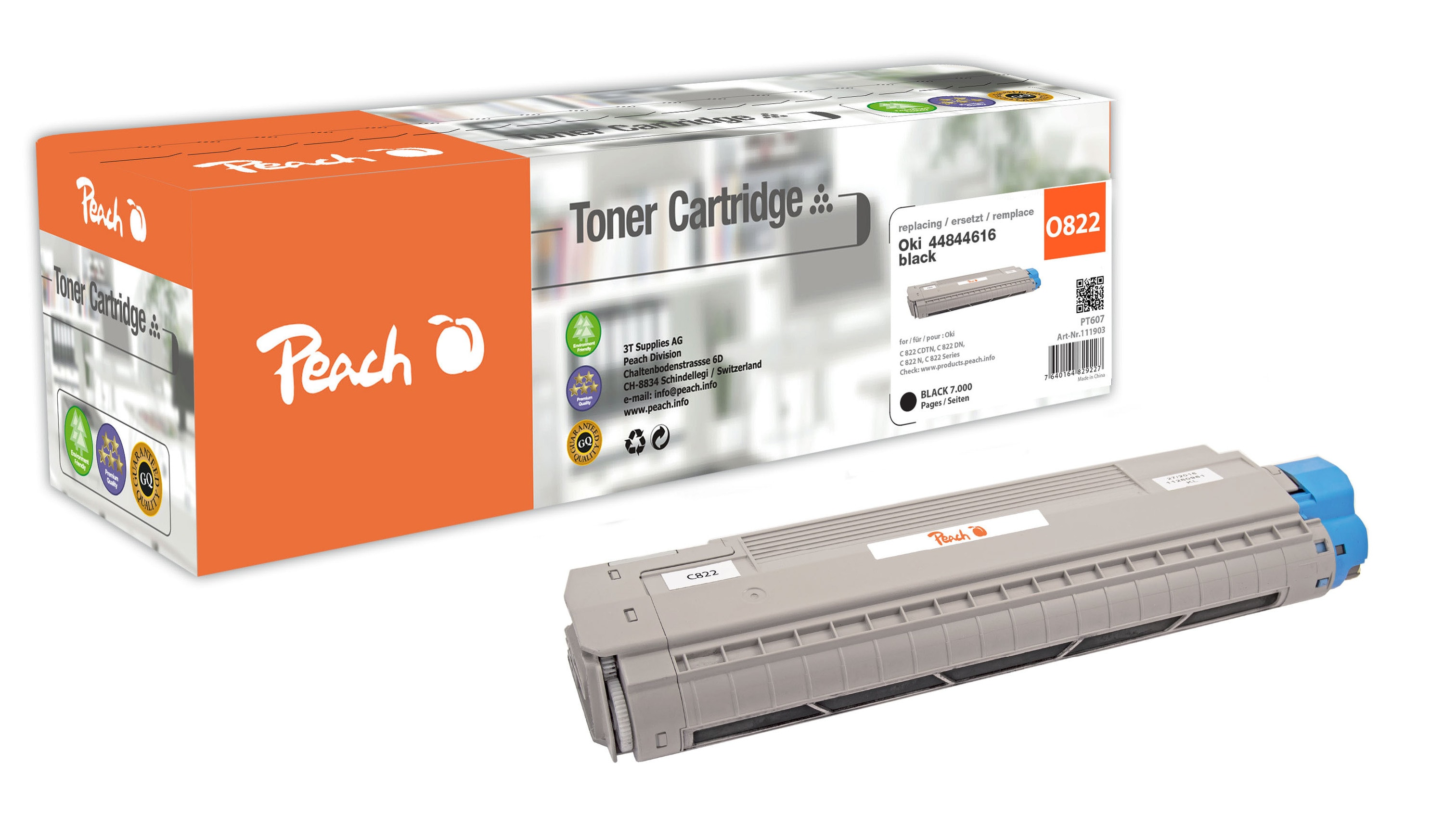 Peach O4484  Toner bk ersetzt OKI 44844616 f&uuml;r z.B. OKI C 822 CDTN, OKI C 822 DN, OKI C 822 N, OKI C 822 (wiederaufbereitet) - Bild 1