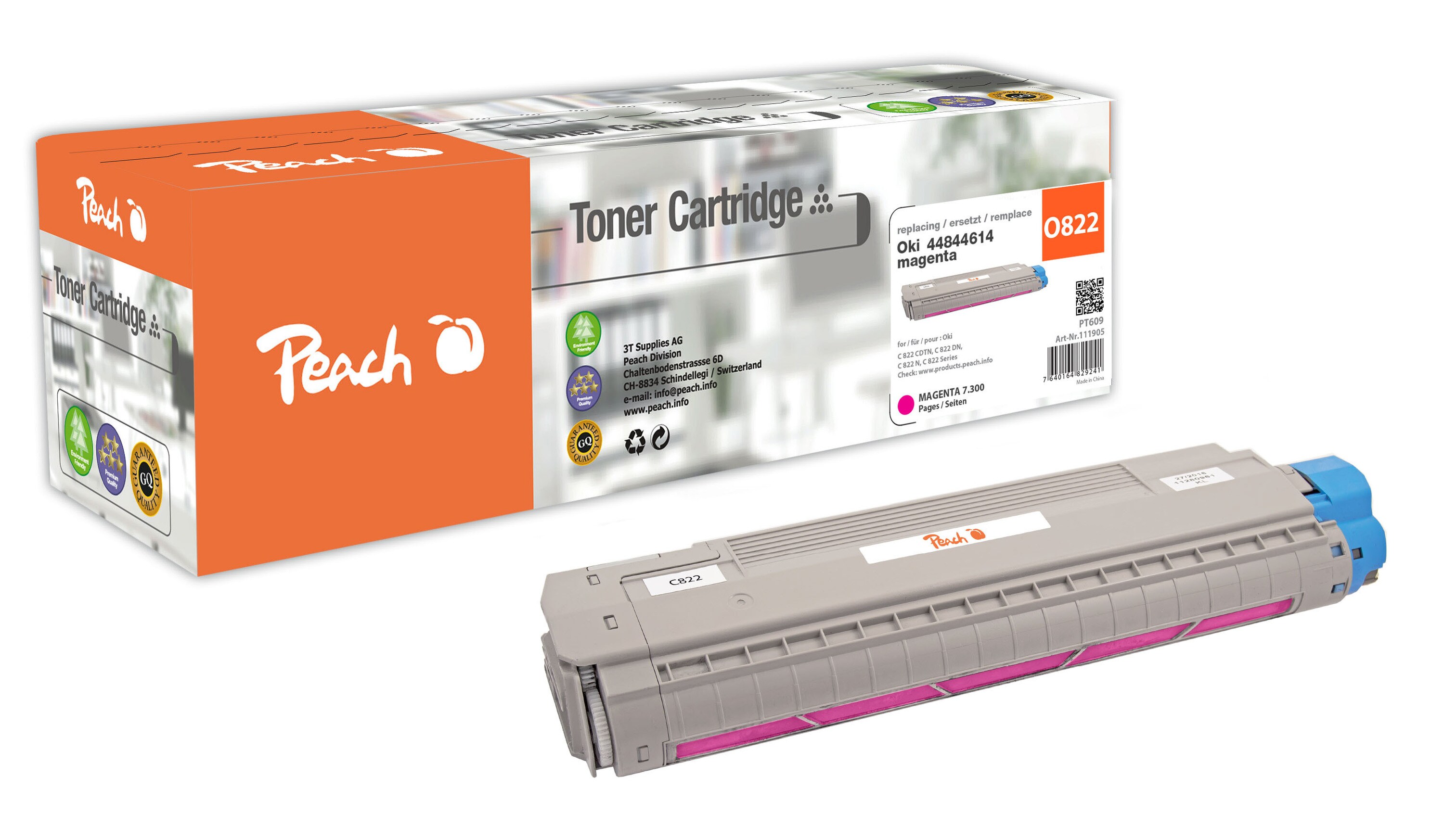 Peach O4484  Toner ma ersetzt OKI 44844614 f&uuml;r z.B. OKI C 822 CDTN, OKI C 822 DN, OKI C 822 N, OKI C 822 (wiederaufbereitet) - Bild 1