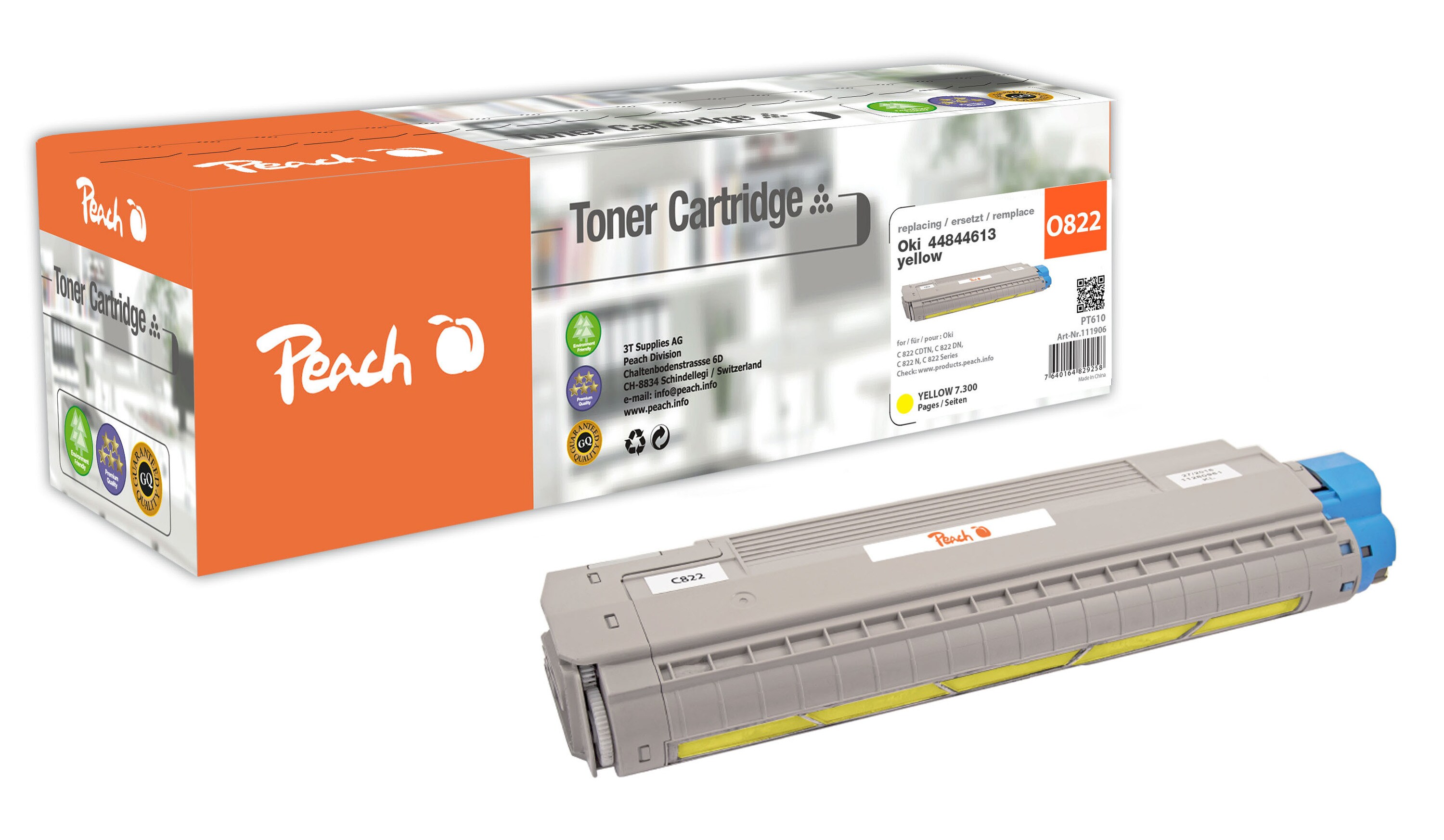 Peach O4484  Toner ye ersetzt OKI 44844613 f&uuml;r z.B. OKI C 822 CDTN, OKI C 822 DN, OKI C 822 N, OKI C 822 (wiederaufbereitet) - Bild 1