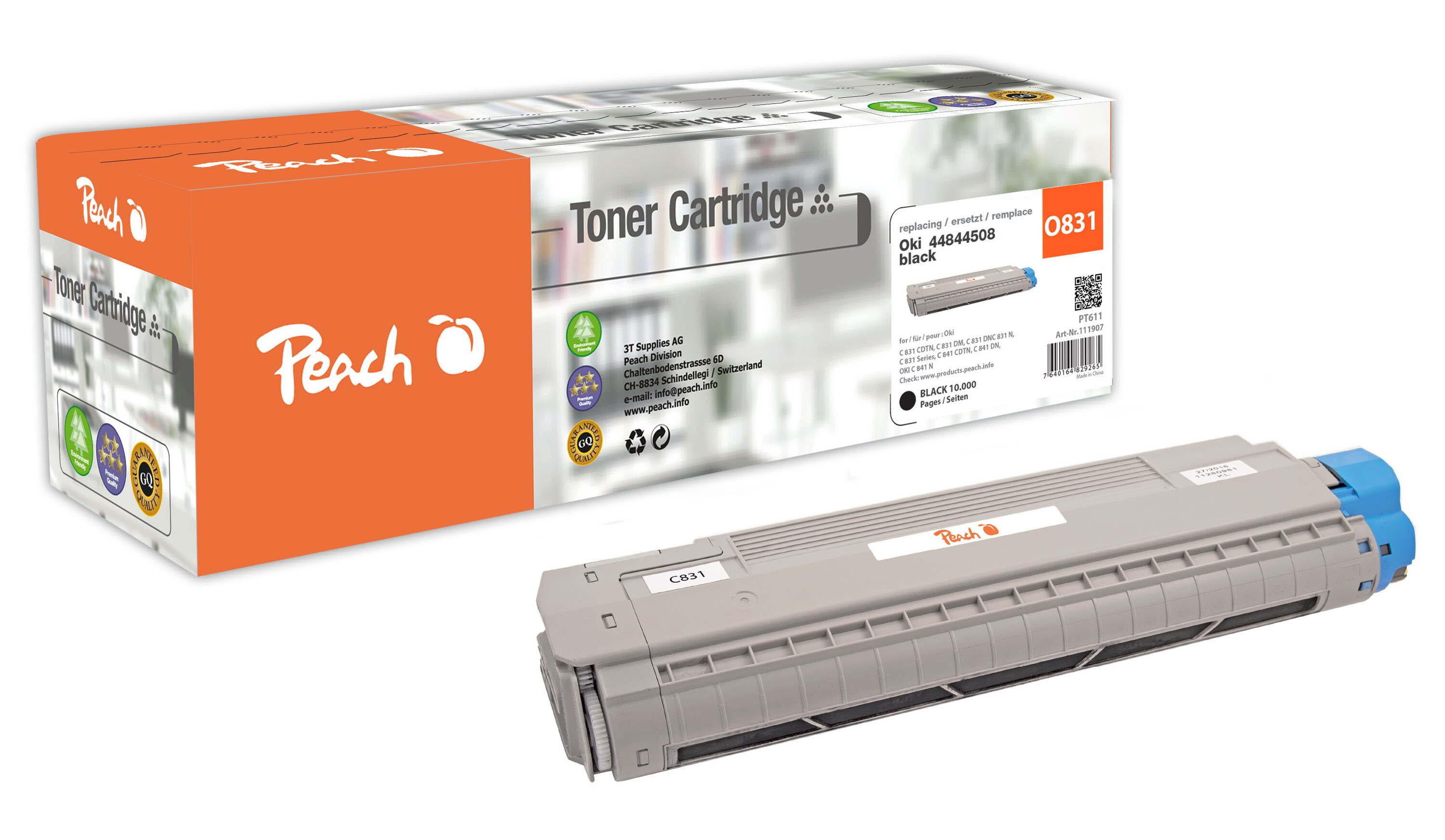 Peach O4484  Toner bk ersetzt OKI 44844508 f&uuml;r z.B. OKI C 831 CDTN, OKI C 831 DM, OKI C 831 DN, OKI C 831 N, OKI C 831, OKI C 841 CDTN (wiederaufbereitet) - Bild 1