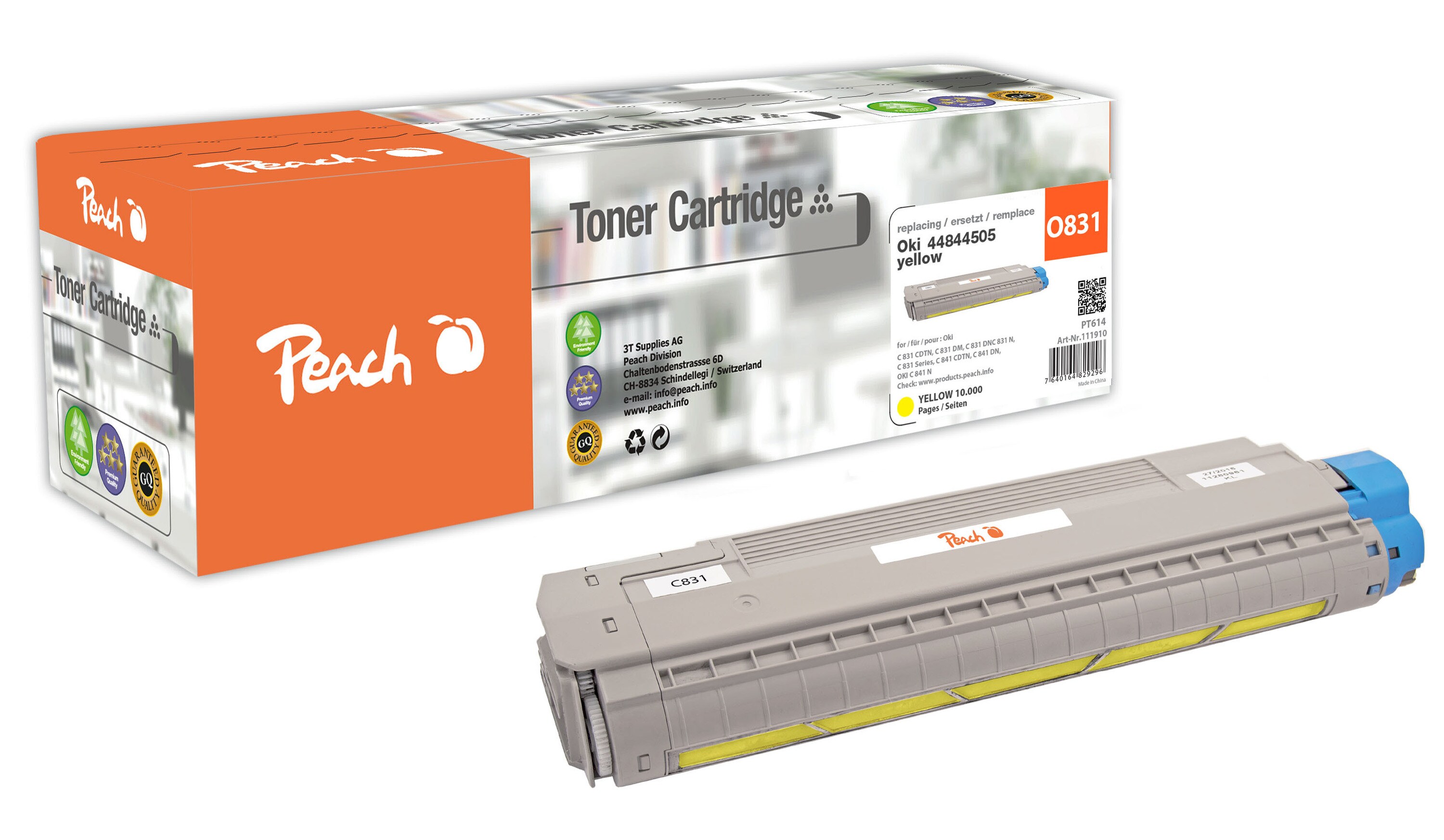 Peach O4484  Toner ye ersetzt OKI 44844505 f&uuml;r z.B. OKI C 831 CDTN, OKI C 831 DM, OKI C 831 DN, OKI C 831 N, OKI C 831, OKI C 841 CDTN (wiederaufbereitet) - Bild 1