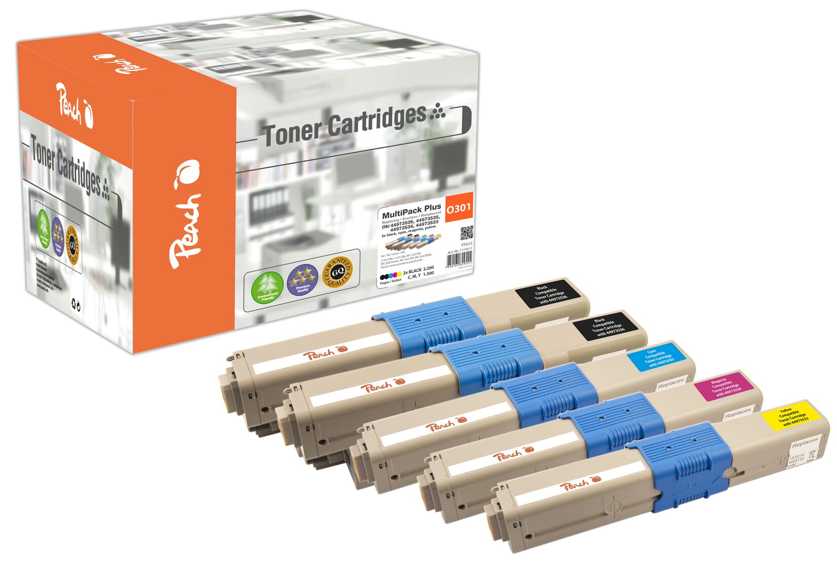 Peach O4496/47/97 5 Toner (2*bk, c/m/y) ersetzt OKI 44973533-6 für z.B. OKI C 301 DN, OKI C 321 DN, OKI MC 332 DN, OKI MC 340, OKI MC 342 DN (wiederaufbereitet)