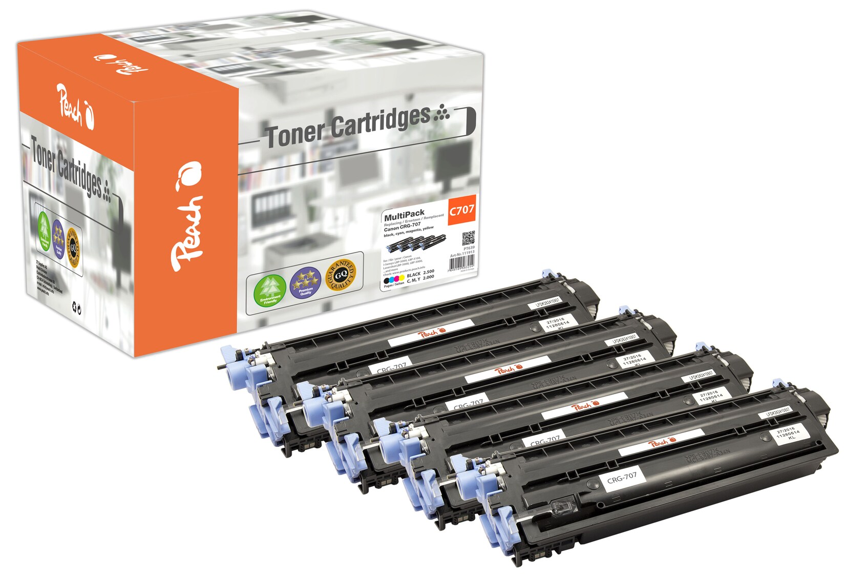 Peach C707 4 Toner (bk, c/m/y) ersetzt Canon CRG-707, 9424A004, 9423A004, 9422A004, 9421A004 für z.B. Canon ISensys LBP -5000 (wiederaufbereitet)