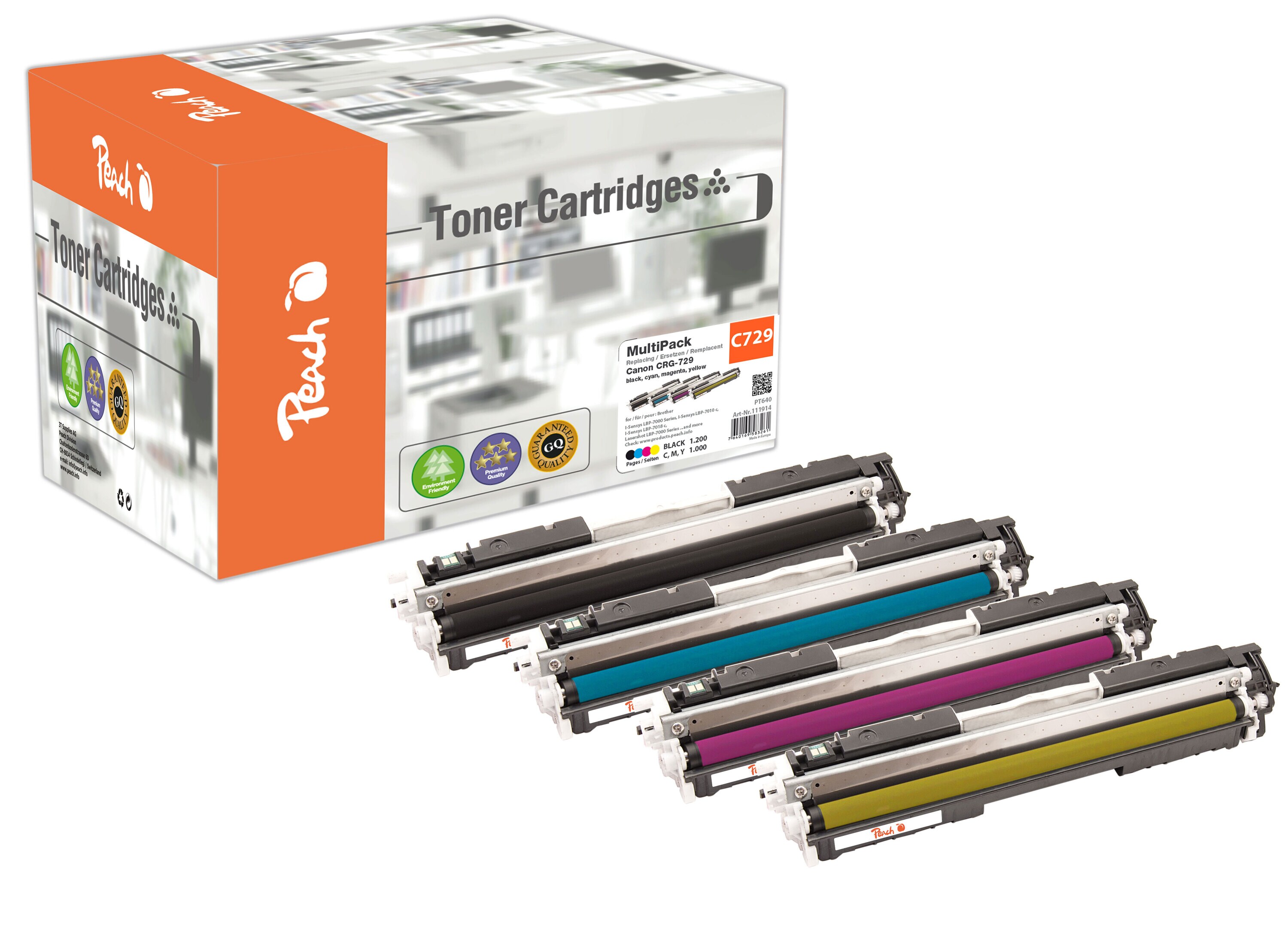 Peach HP 729  4 Toner (bk, c/m/y) ersetzt Canon No. 729, 4370B002, 4369B002, 4368B002, 4367B002 f&uuml;r z.B. Canon ISensys LBP -7000 (wiederaufbereitet) - Bild 1