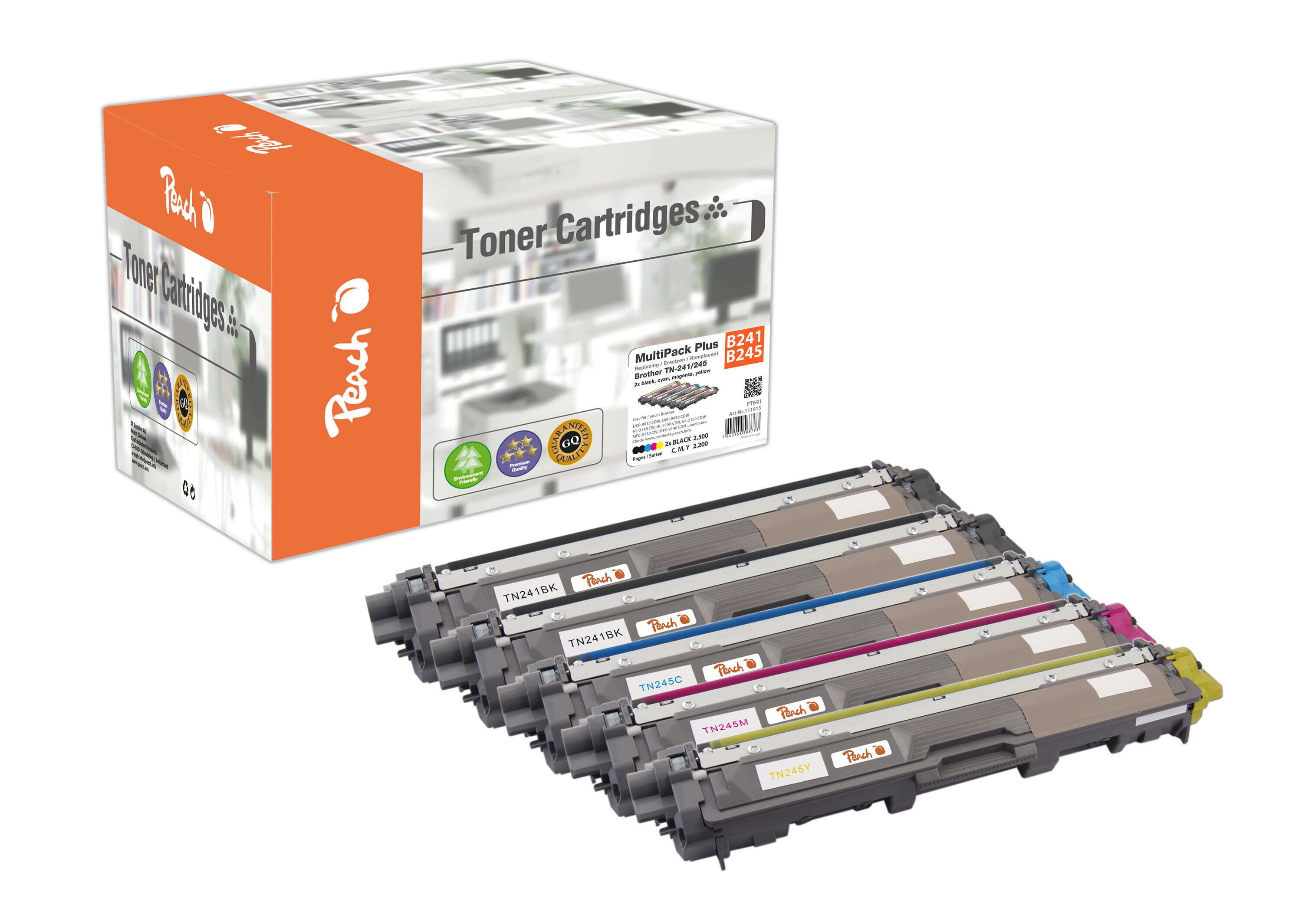 Peach B241 bk 5 Toner XL (2*bk, c/m/y) ersetzt Brother TN-241bk, TN-245 f&uuml;r z.B. Brother DCP -9020 CDW, Brother HL -3140 CW (wiederaufbereitet) - Bild 1