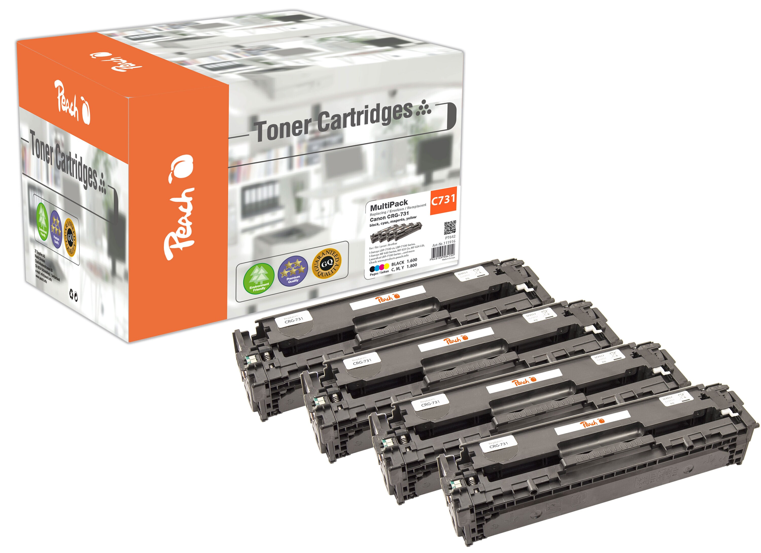 Peach HP 731 A 4 Toner (bk, c/m/y) ersetzt Canon No. 731A, 6270-73B002 f&uuml;r z.B. Canon ISensys MF 628 Cw, Canon Color ImageClass LBP -7110 cw (wiederaufbereitet) - Bild 1