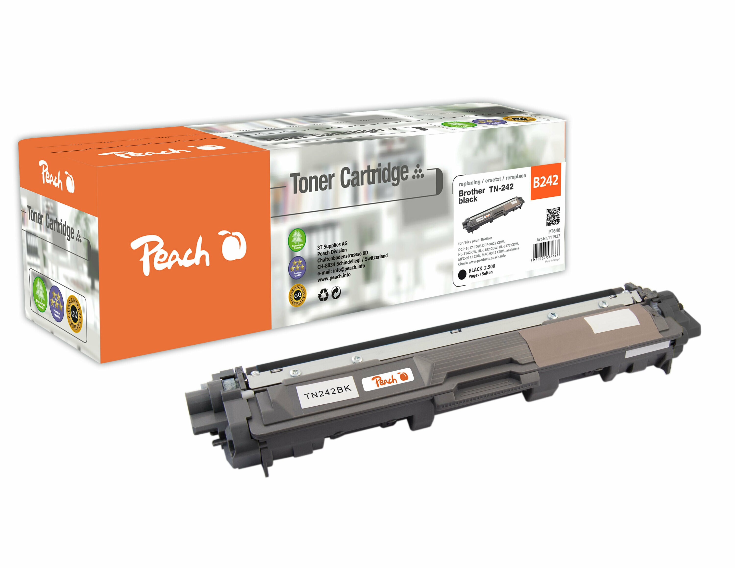 Peach B242 BK Toner bk ersetzt Brother TN-242BK f&uuml;r z.B. Brother DCP -9022 CDW, Brother HL -3142 CW, Brother HL -3152 CDW, Brother HL -3172 CDW (wiederaufbereitet) - Bild 1