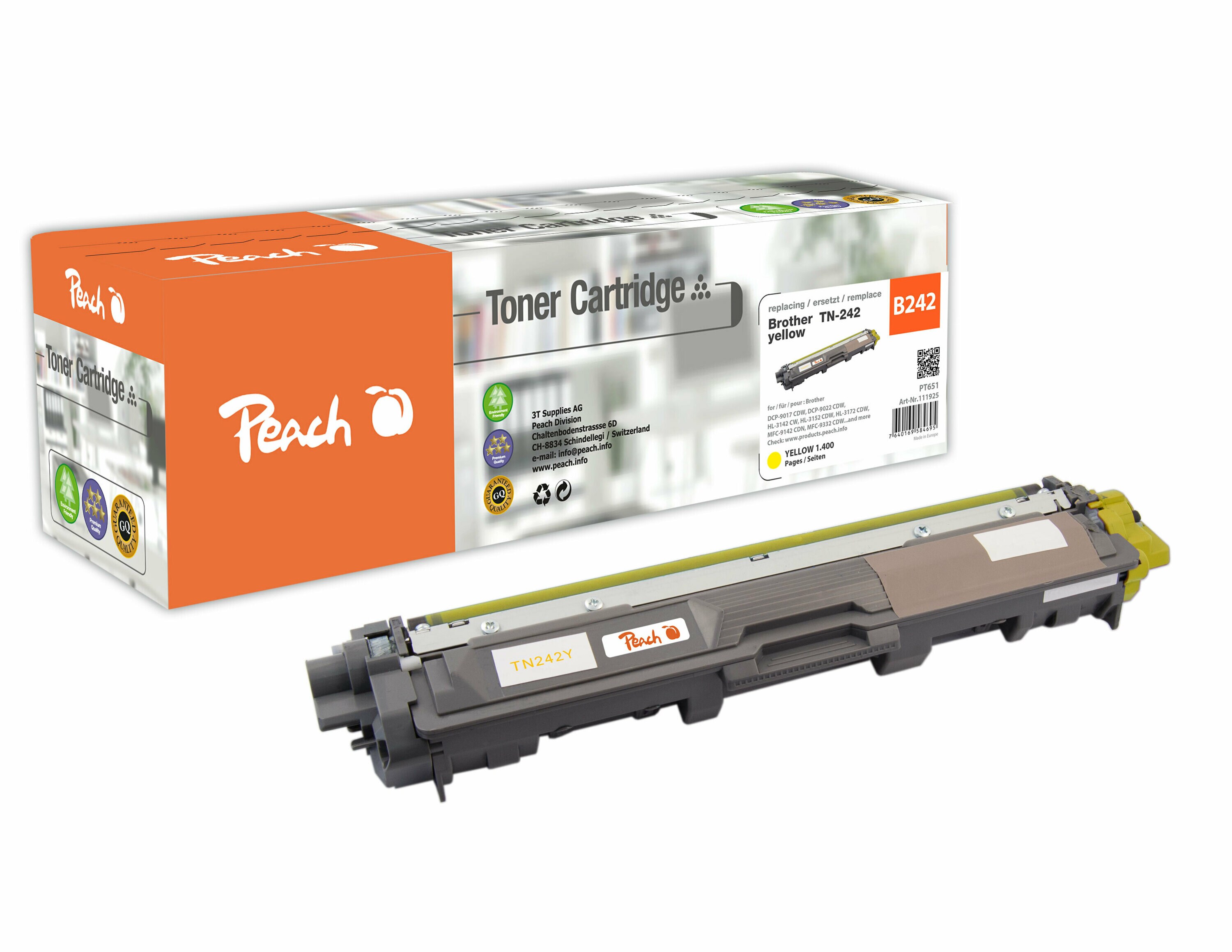 Peach B242 Y Toner ye ersetzt Brother TN-242Y f&uuml;r z.B. Brother DCP -9022 CDW, Brother HL -3142 CW, Brother HL -3152 CDW, Brother HL -3172 CDW (wiederaufbereitet) - Bild 1