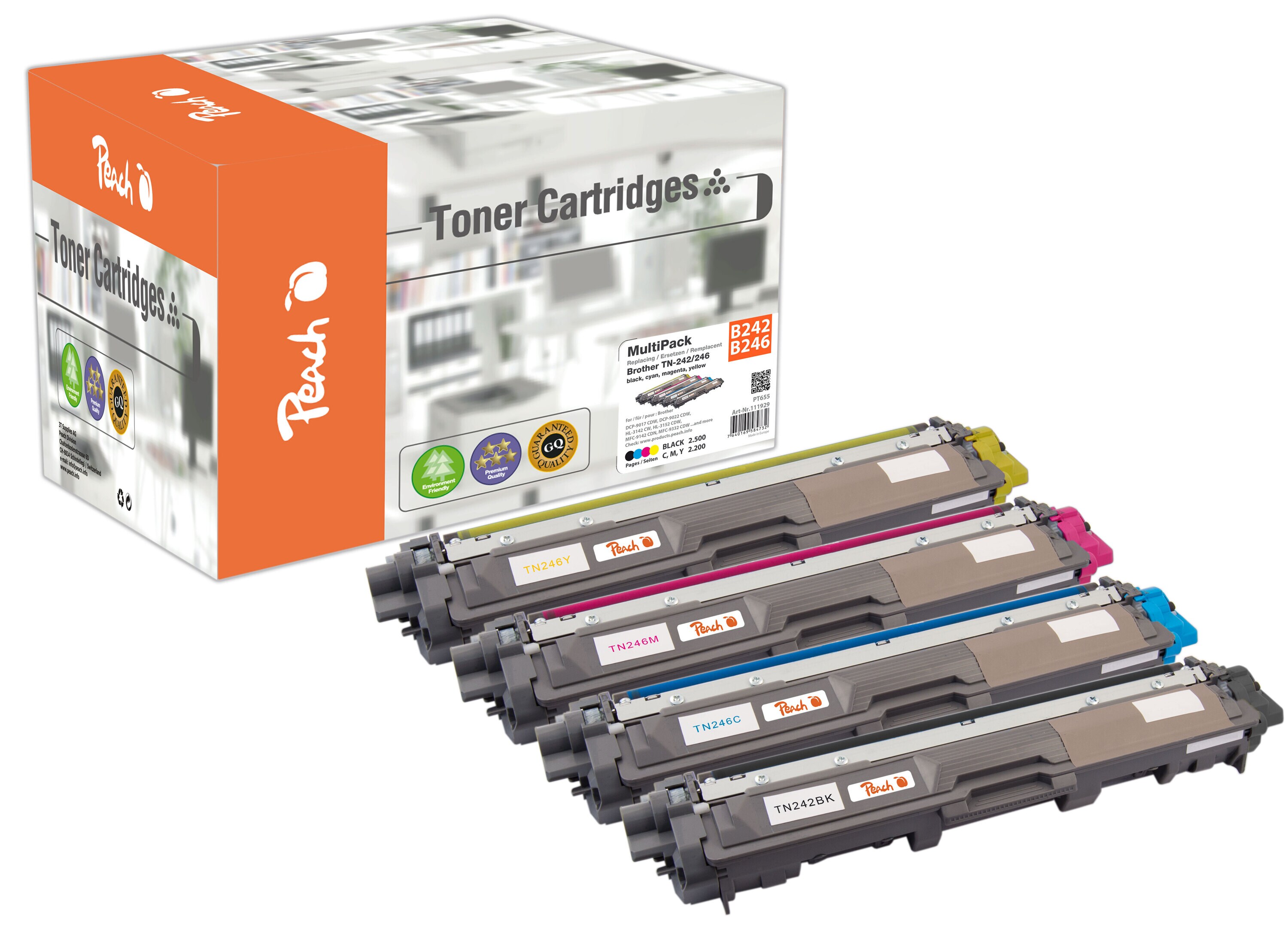 Peach B242  4 Toner XL (bk, c/m/y) ersetzt Brother TN-242, TN-246 f&uuml;r z.B. Brother DCP -9022 CDW, Brother HL -3142 CW, Brother HL -3152 CDW (wiederaufbereitet) - Bild 1