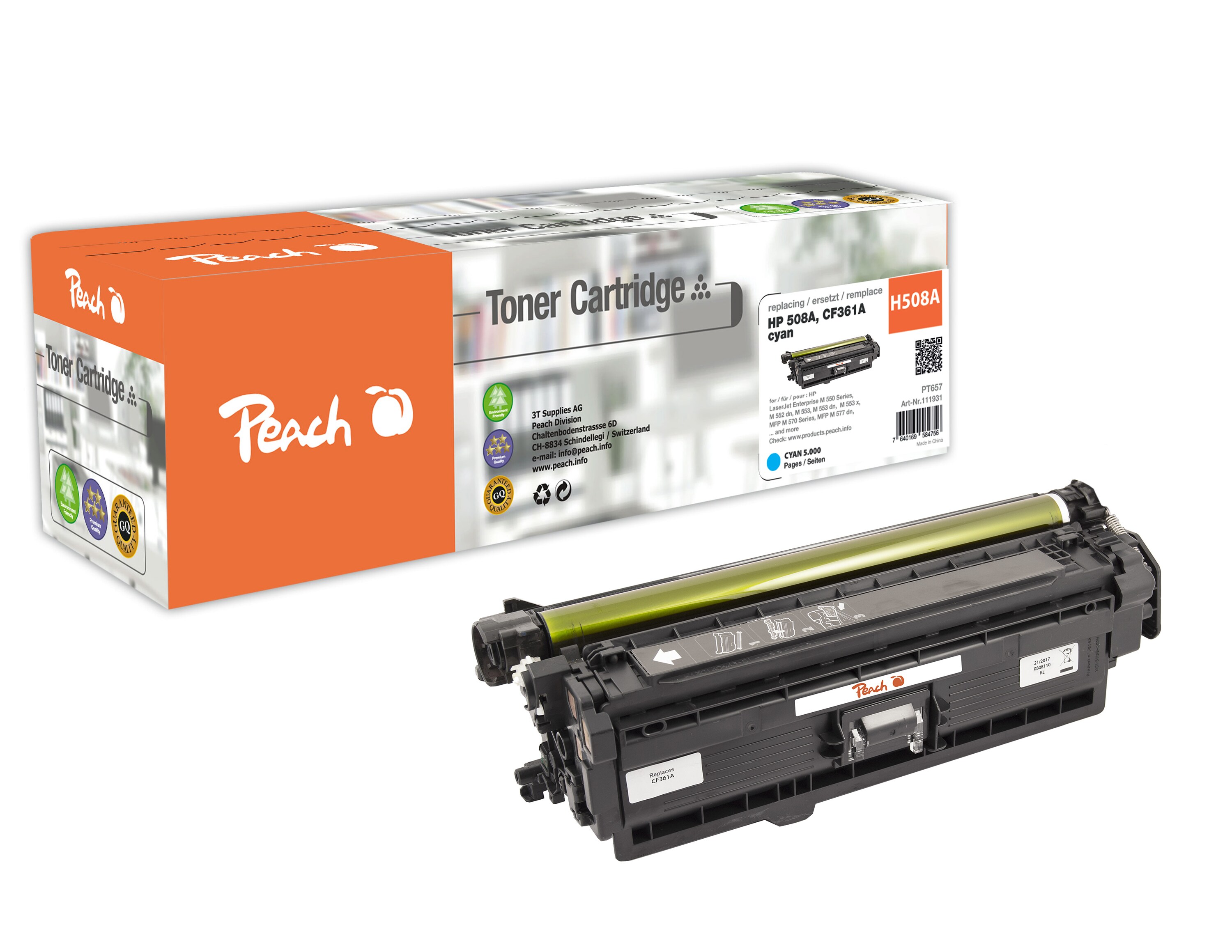 Peach HP 508 AC Toner cy ersetzt HP No. 508A C, CF361A f&uuml;r z.B. HP Color LaserJet Enterprise Flow MFP M 577 c, HP Color LaserJet Enterprise M 553 (wiederaufbereitet) - Bild 1
