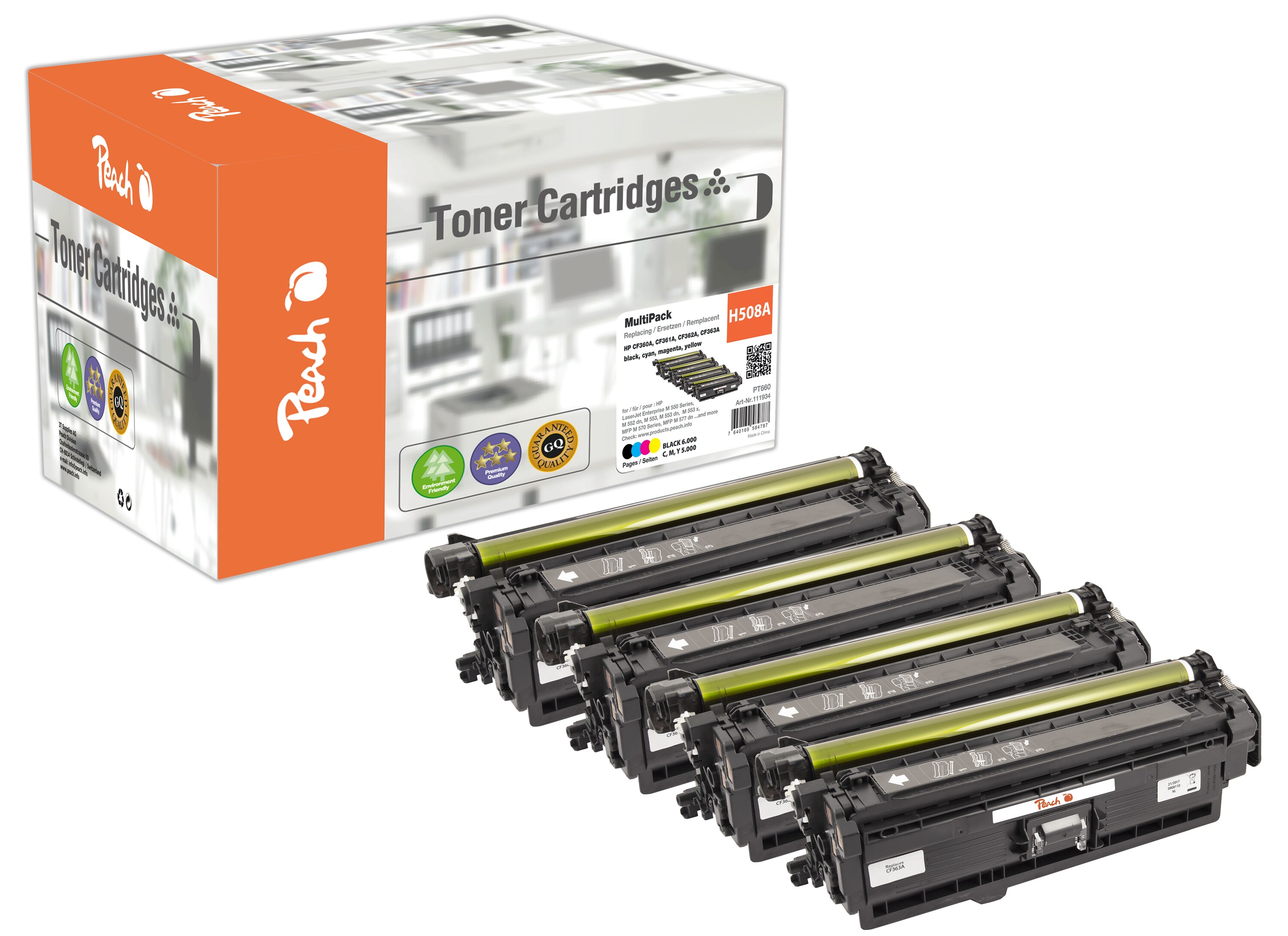Peach HP 508 A 4 Toner (bk, c/m/y) ersetzt HP No. 508A, CF360A, CF361A, CF362A, CF363A f&uuml;r z.B. HP Color LaserJet Enterprise M 553 (wiederaufbereitet) - Bild 1
