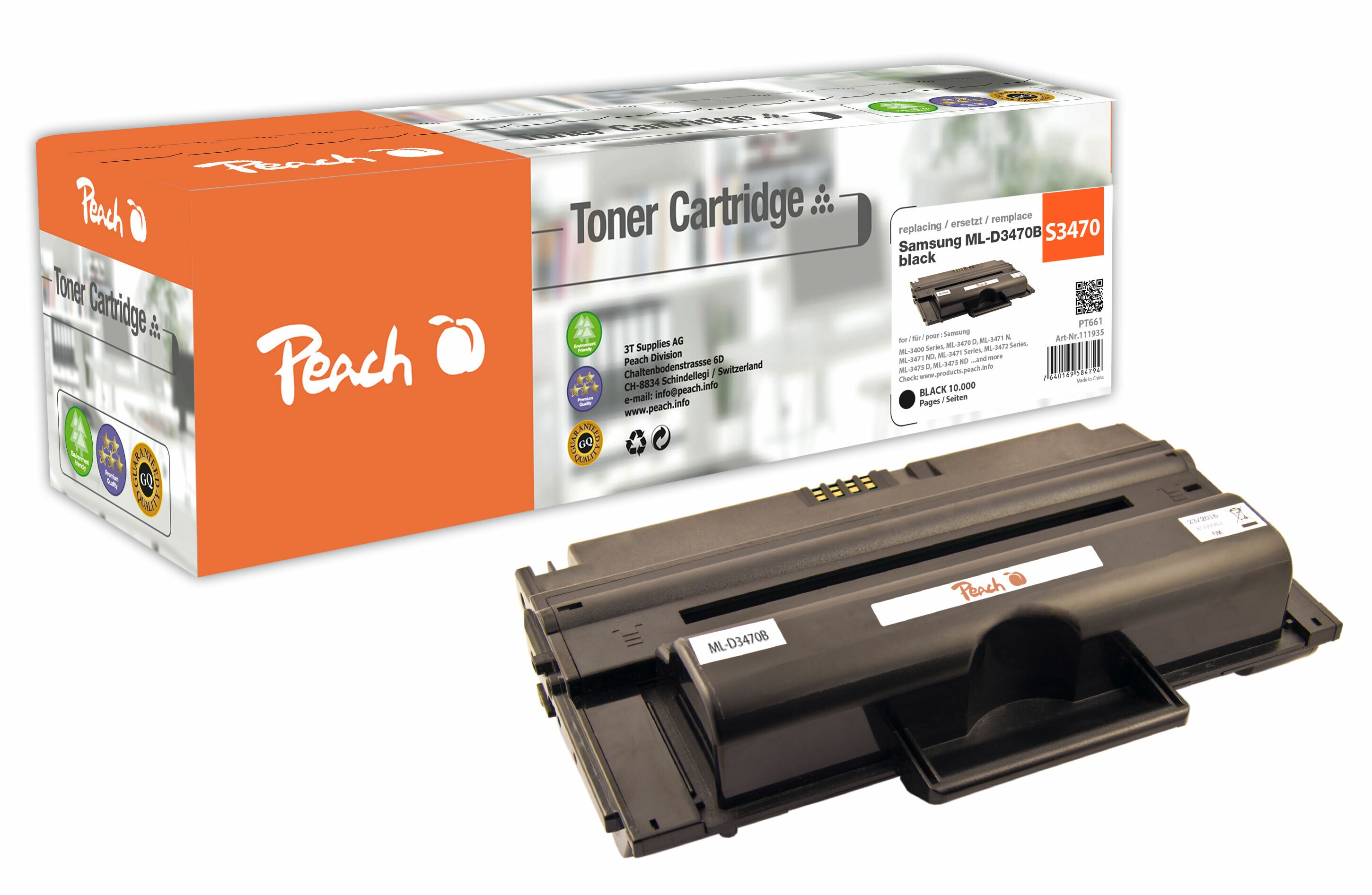 Peach S3470  Toner bk ersetzt Samsung SU672A, ML-D3470B f&uuml;r z.B. Samsung ML -3400, Samsung ML -3470 D, Samsung ML -3471 N, Samsung ML -3471 ND (wiederaufbereitet) - Bild 1