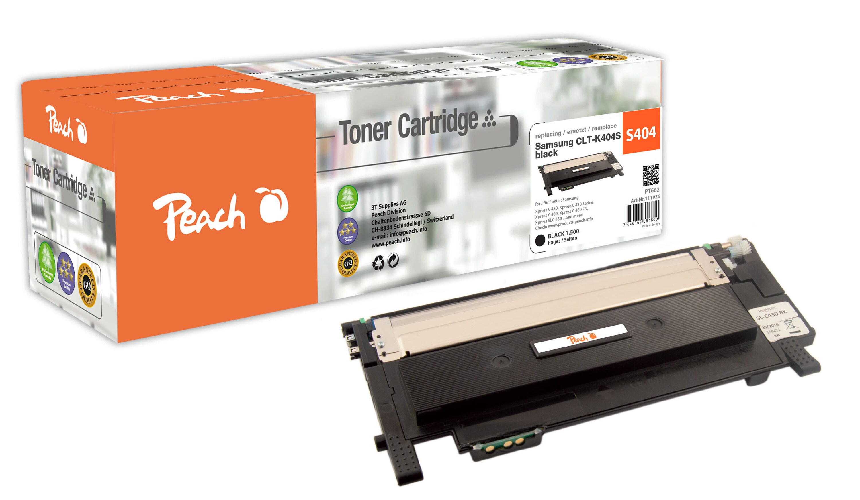 Peach S404  Toner bk ersetzt Samsung CLT-K404S, SU100A f&uuml;r z.B. Samsung Xpress C 480 W, Samsung Xpress C 430, Samsung Xpress C 430 W (wiederaufbereitet) - Bild 1