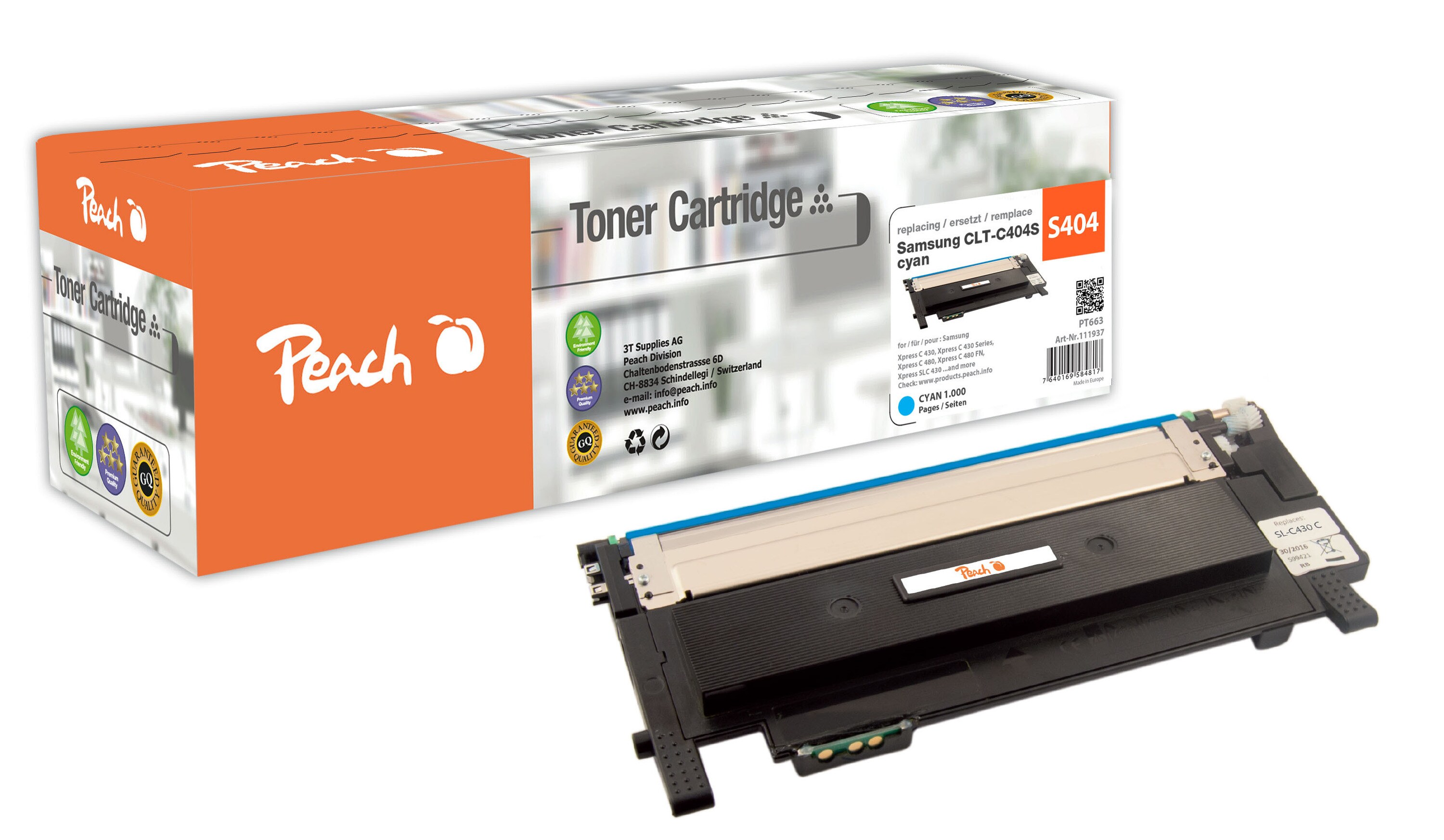 Peach S404  Toner cy ersetzt Samsung CLT-C404S, ST966A f&uuml;r z.B. Samsung Xpress C 430, Samsung Xpress C 430 W, Samsung Xpress C 480 (wiederaufbereitet) - Bild 1