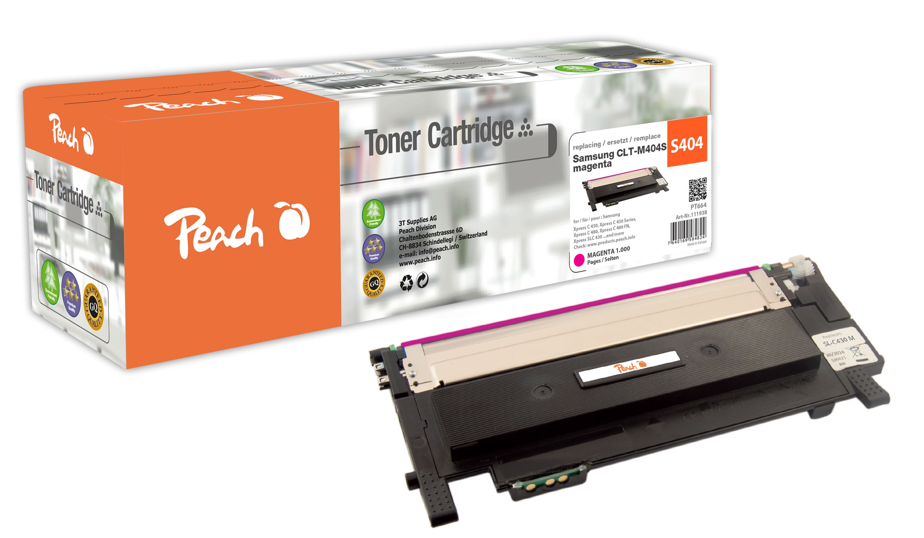 Peach S404  Toner ma ersetzt Samsung CLT-M404S, SU234A f&uuml;r z.B. Samsung Xpress C 480 W, Samsung Xpress C 430, Samsung Xpress C 430 W (wiederaufbereitet) - Bild 1