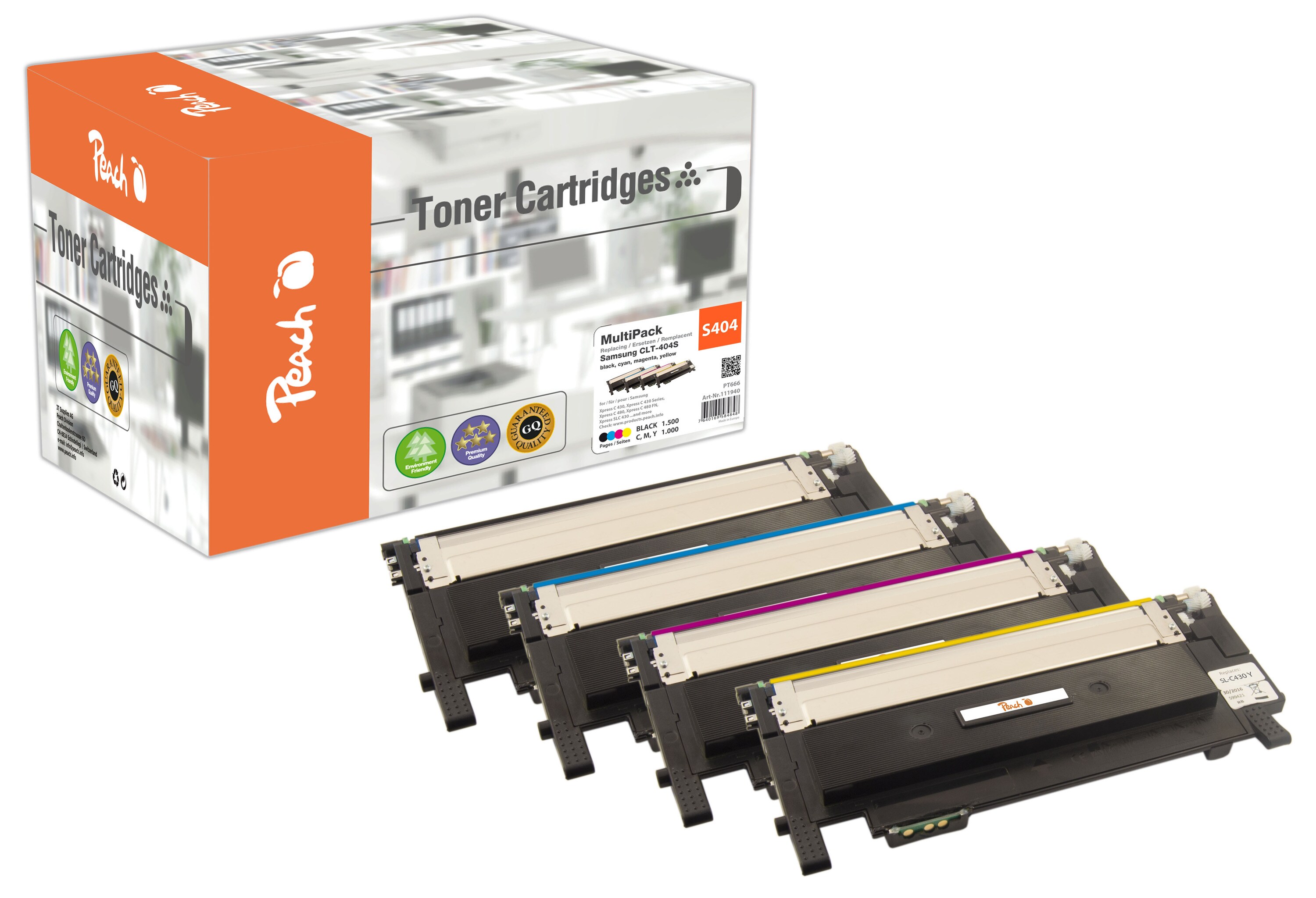 Peach S404  4 Toner (bk, c/m/y) ersetzt Samsung CLT-P404C, SU365A f&uuml;r z.B. Samsung Xpress C 480 W, Samsung Xpress C 430, Samsung Xpress C 430 W (wiederaufbereitet) - Bild 1