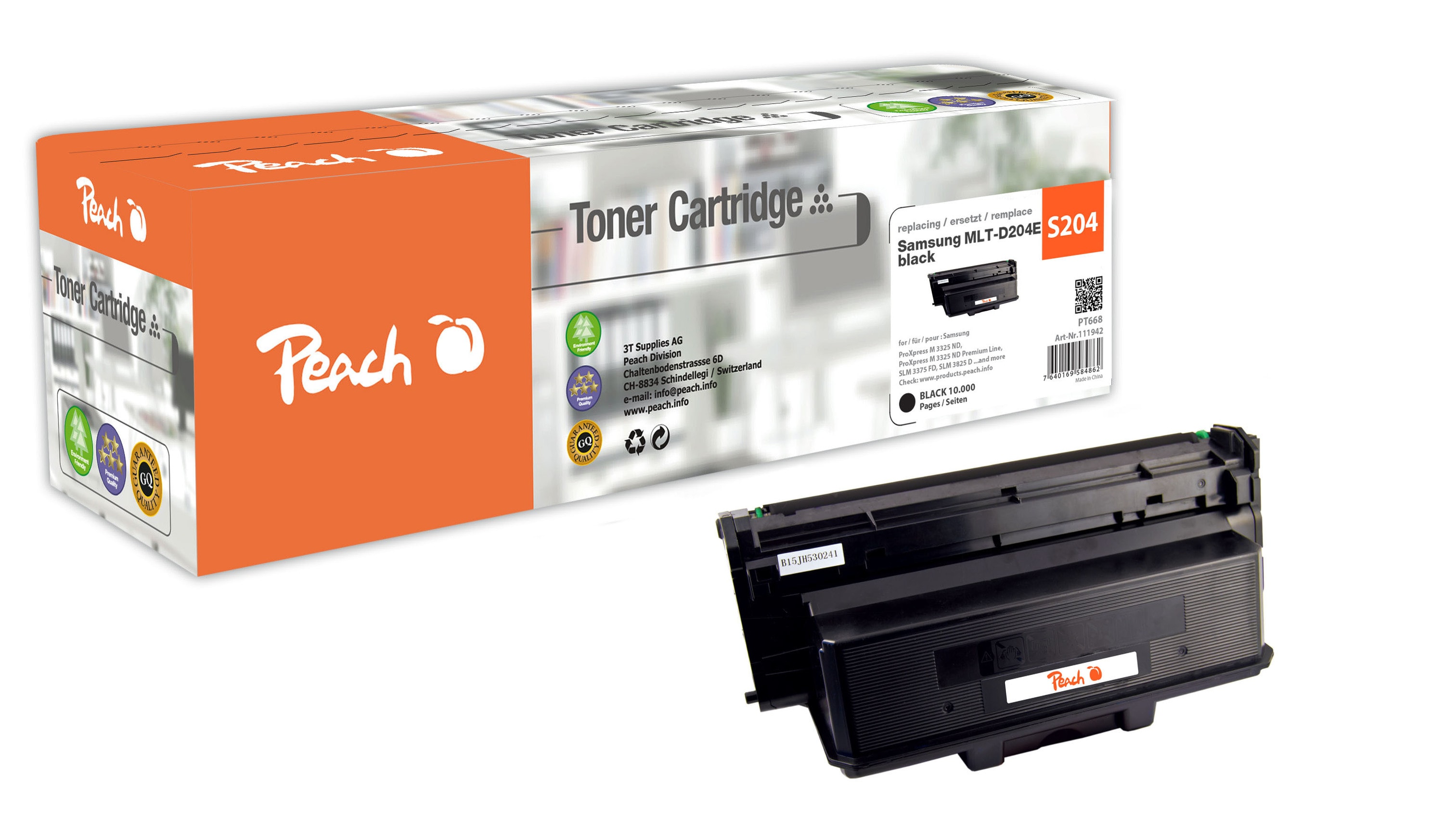 Peach S204  Toner XL bk ersetzt Samsung MLT-D204E, SU925A f&uuml;r z.B. Samsung ProXpress M 3825 D, Samsung ProXpress M 3825 DW, Samsung SLM 3825 D (wiederaufbereitet) - Bild 1