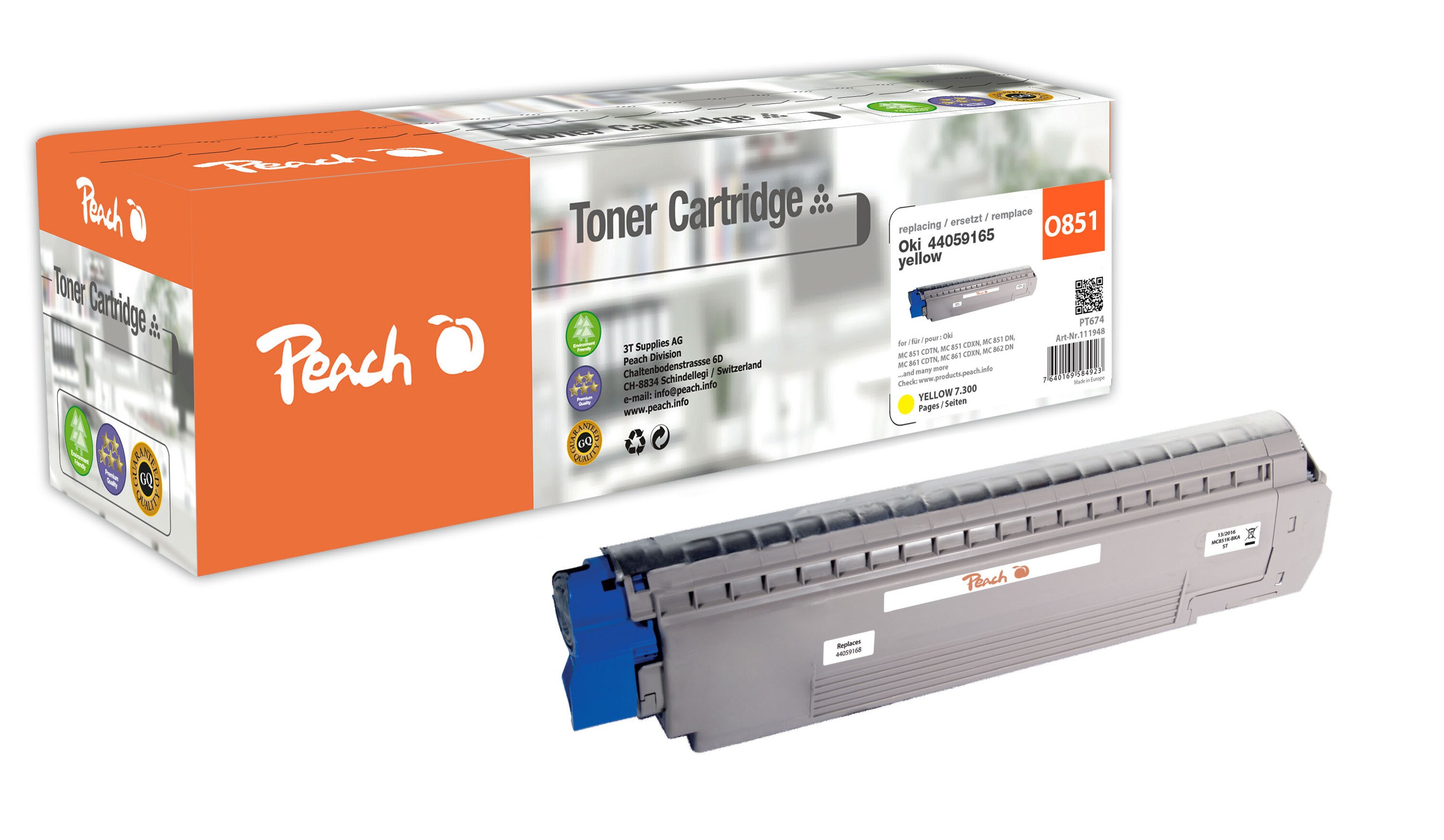 Peach O4405  Toner ye ersetzt OKI 44059165 f&uuml;r z.B. OKI MC 851 CDTN, OKI MC 851 CDXN, OKI MC 851 DN, OKI MC 851 DN plus, OKI MC 861 CDTN (wiederaufbereitet) - Bild 1
