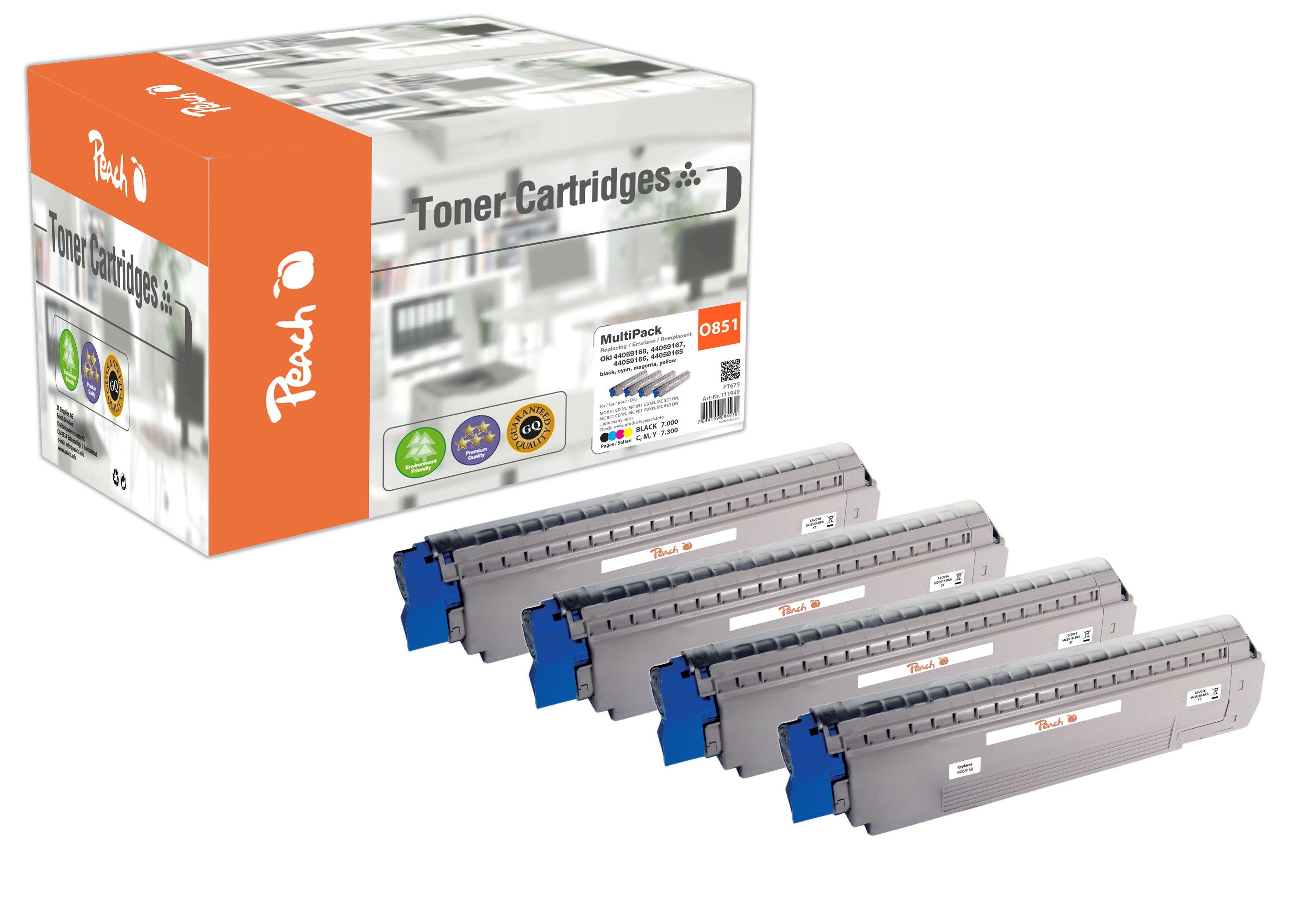 Peach O4405  4 Toner (bk, c/m/y) ersetzt OKI 44059165-68 f&uuml;r z.B. OKI MC 851 CDTN, OKI MC 851 CDXN, OKI MC 851 DN, OKI MC 851 DN plus (wiederaufbereitet) - Bild 1