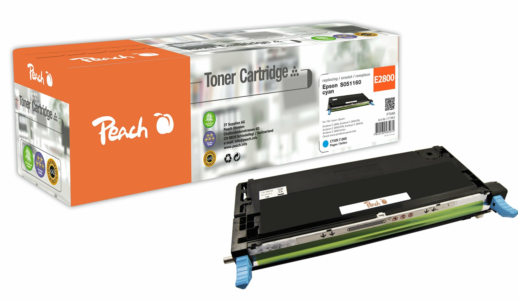 Peach E2800 Toner cy ersetzt Epson C13S051160 für z.B. Epson Aculaser C 2800, Epson Aculaser C 2800 DN, Epson Aculaser C 2800 DTN (wiederaufbereitet)