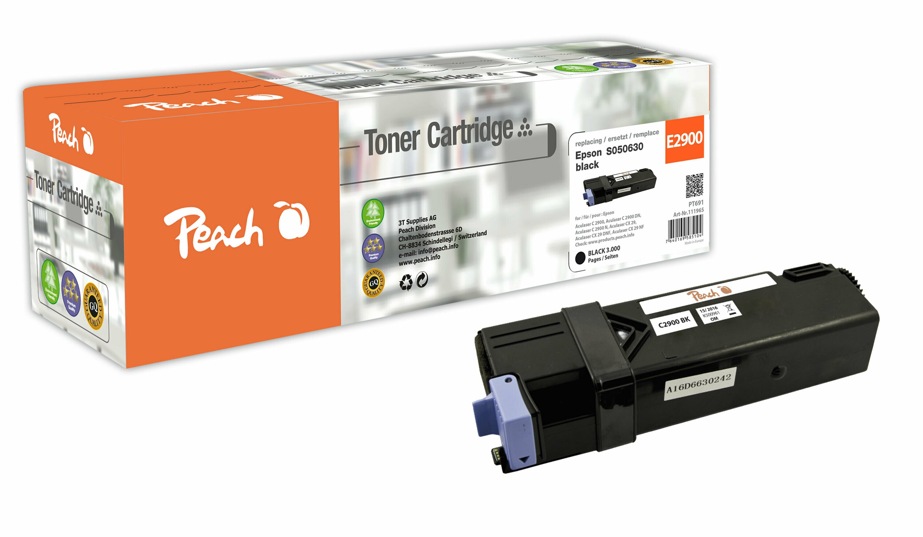 Peach E2900  Toner bk ersetzt Epson S050630, C13S050630 f&uuml;r z.B. Epson Aculaser C 2900 DN, Epson Aculaser C 2900 N, Epson Aculaser C 2900 (wiederaufbereitet) - Bild 1