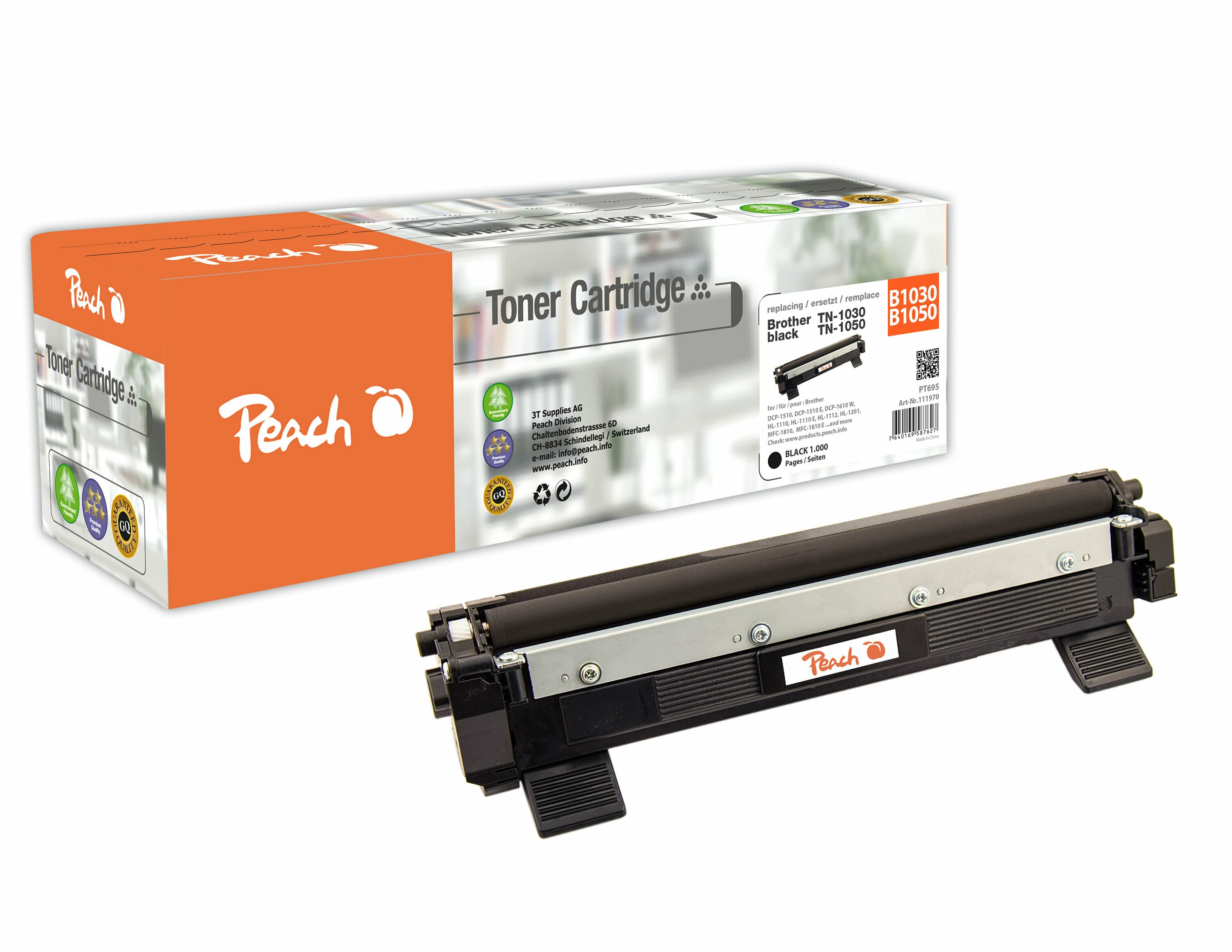 Peach B1030  Toner bk ersetzt Brother TN-1030, TN-1050 f&uuml;r z.B. Brother DCP -1510, Brother DCP -1510 E, Brother DCP -1512, Brother DCP -1512 A (wiederaufbereitet) - Bild 1