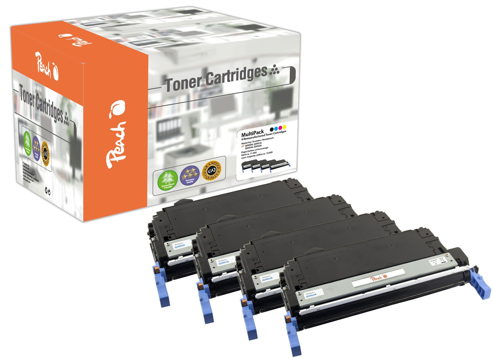 Peach HP 643 A 4 Toner (bk, c/m/y) ersetzt HP No. 643A für z.B. HP Color LaserJet 4700, HP Color LaserJet 4700 DN, HP Color LaserJet 4700 DTN (wiederaufbereitet)