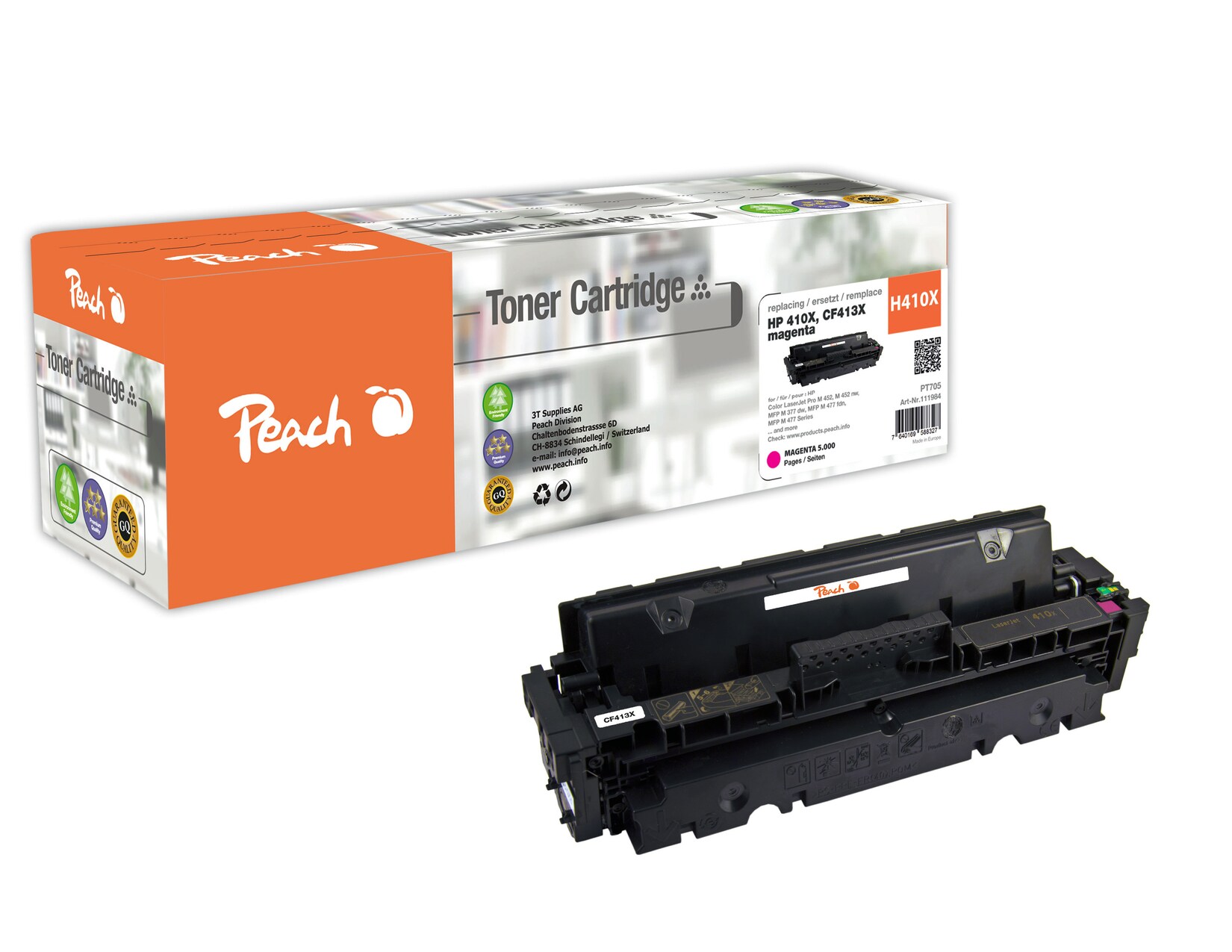 Peach HP 410 XM Toner XL ma ersetzt HP No. 410X M, CF413X für z.B. HP Color LaserJet Pro MFP M 477 fdw, HP Color LaserJet Pro MFP M 477 fnw (wiederaufbereitet)